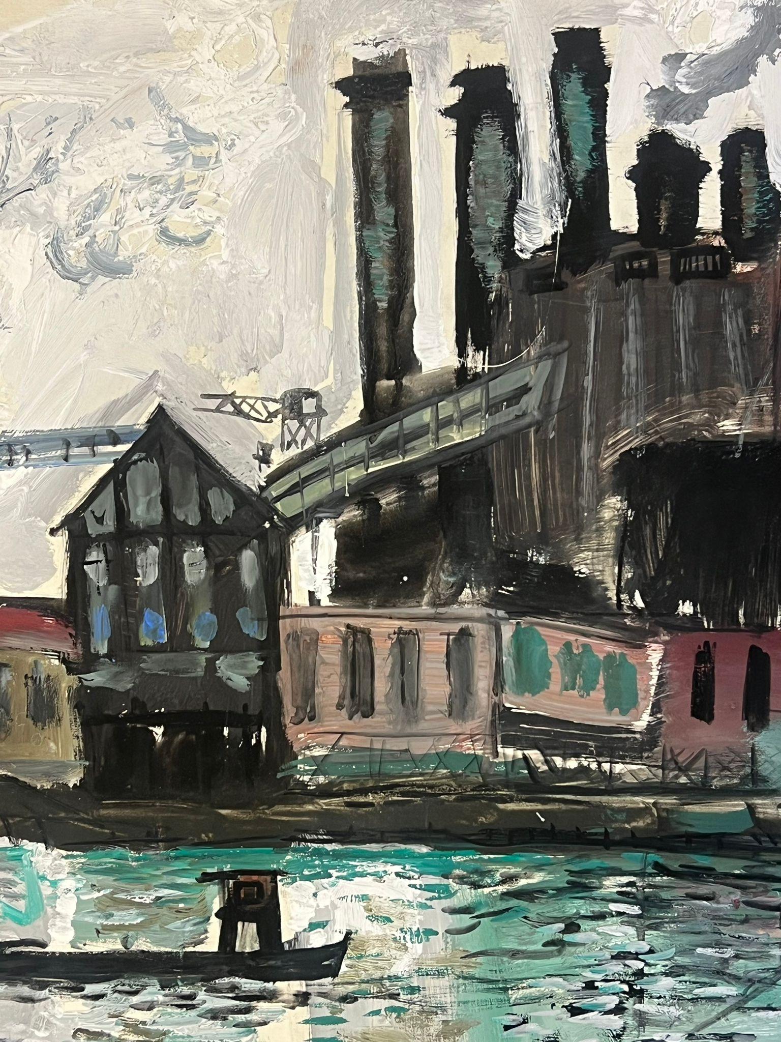 Escena de puerto industrial con chimeneas y edificios de fábrica reflejados en venta 3