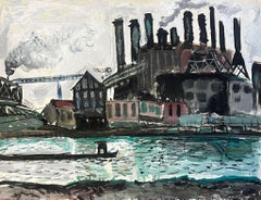 Industrial Harbor Scene with Smokestacks and Factory Buildings Reflected