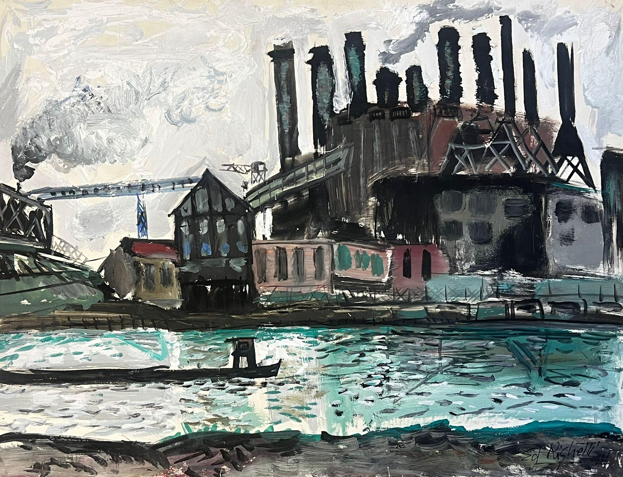 Landscape Painting de Édouard Righetti (1924-2001) - Escena de puerto industrial con chimeneas y edificios de fábrica reflejados
