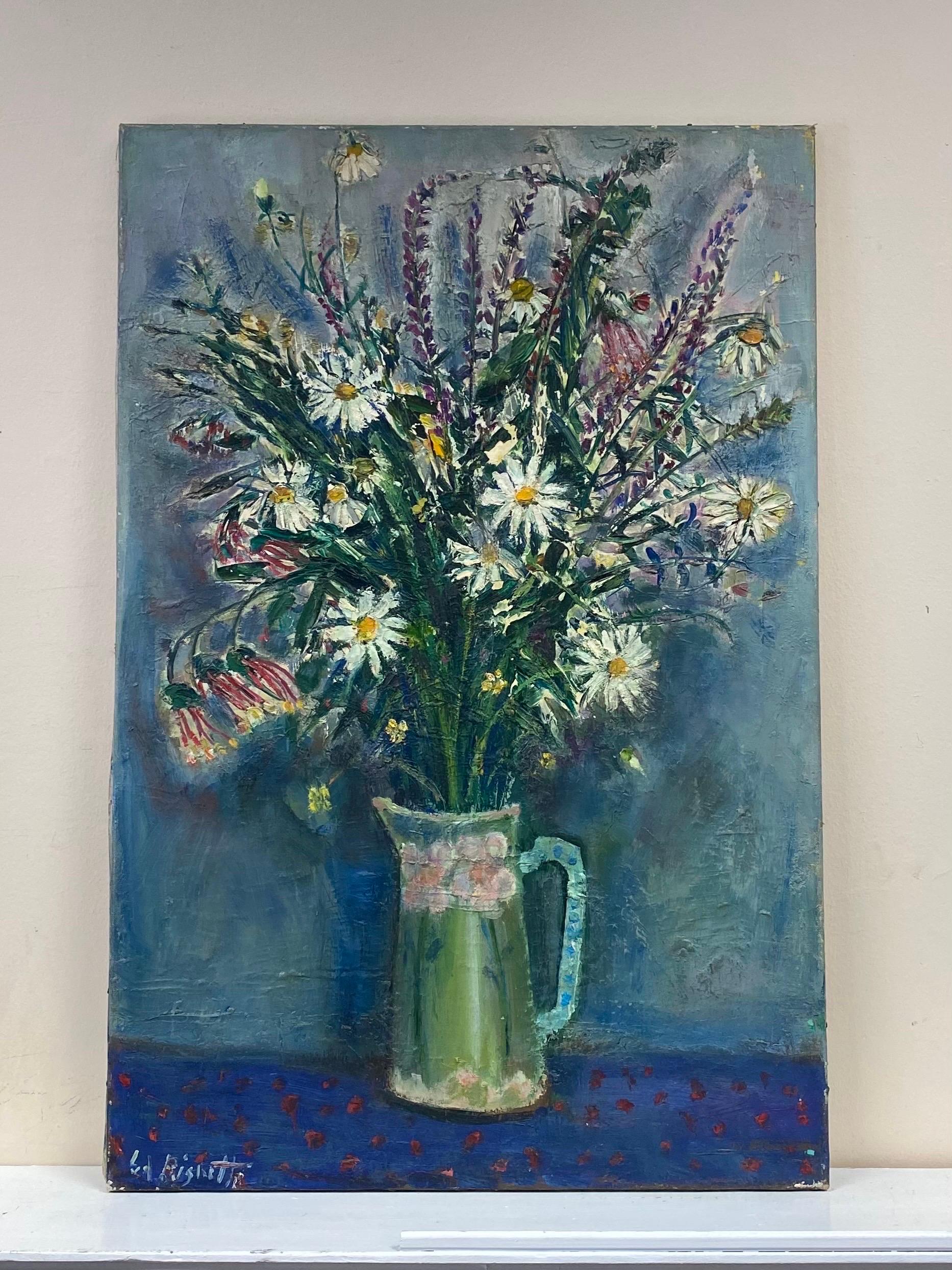 Large 1950's French Post-Impressionist Signed Oil - Bright Flowers Green & Blue - Painting by Édouard Righetti (1924-2001)