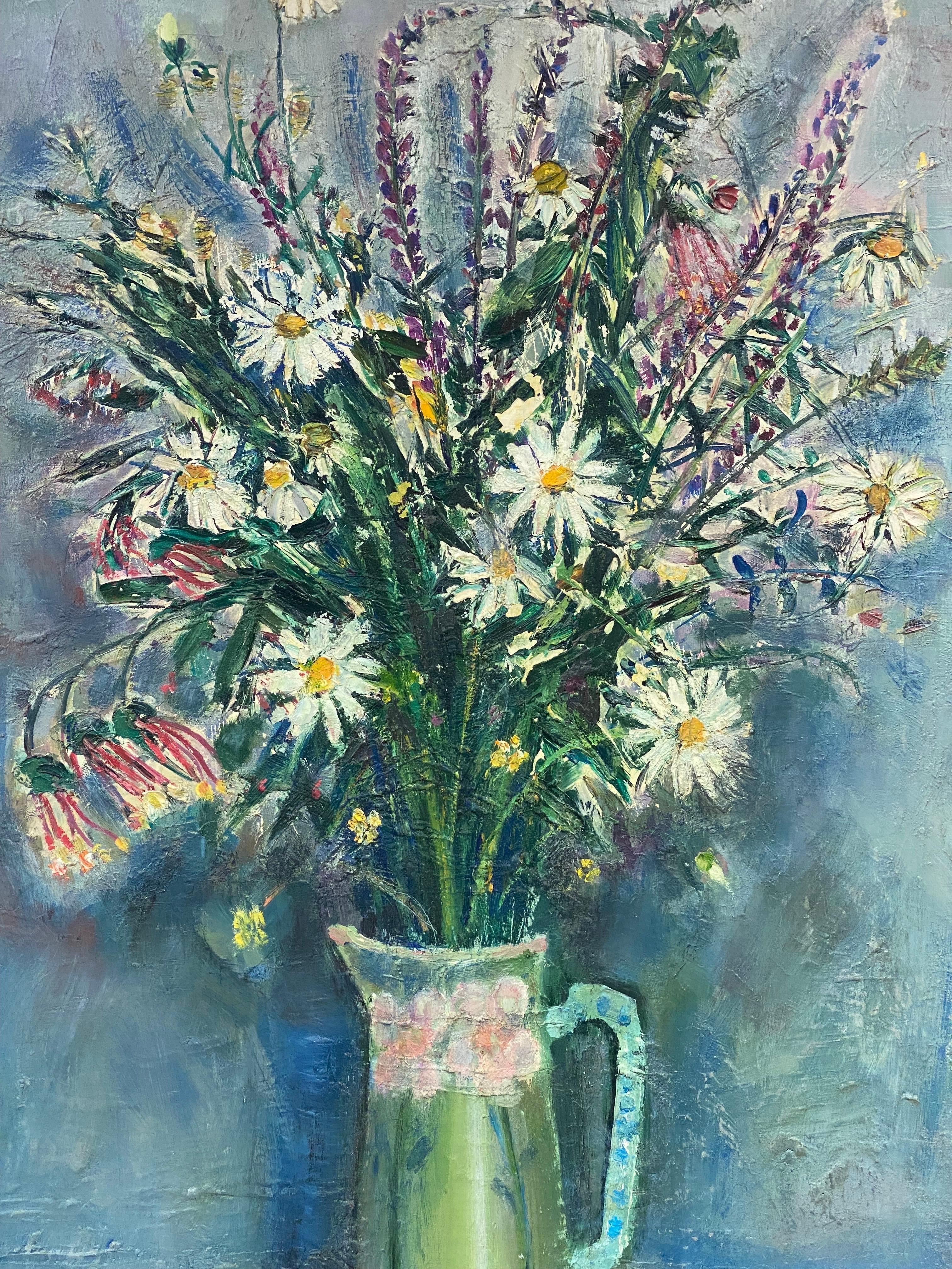 Grande huile post-impressionniste française des années 1950 signée, Fleurs vives vertes et bleues - Post-impressionnisme Painting par Édouard Righetti (1924-2001)