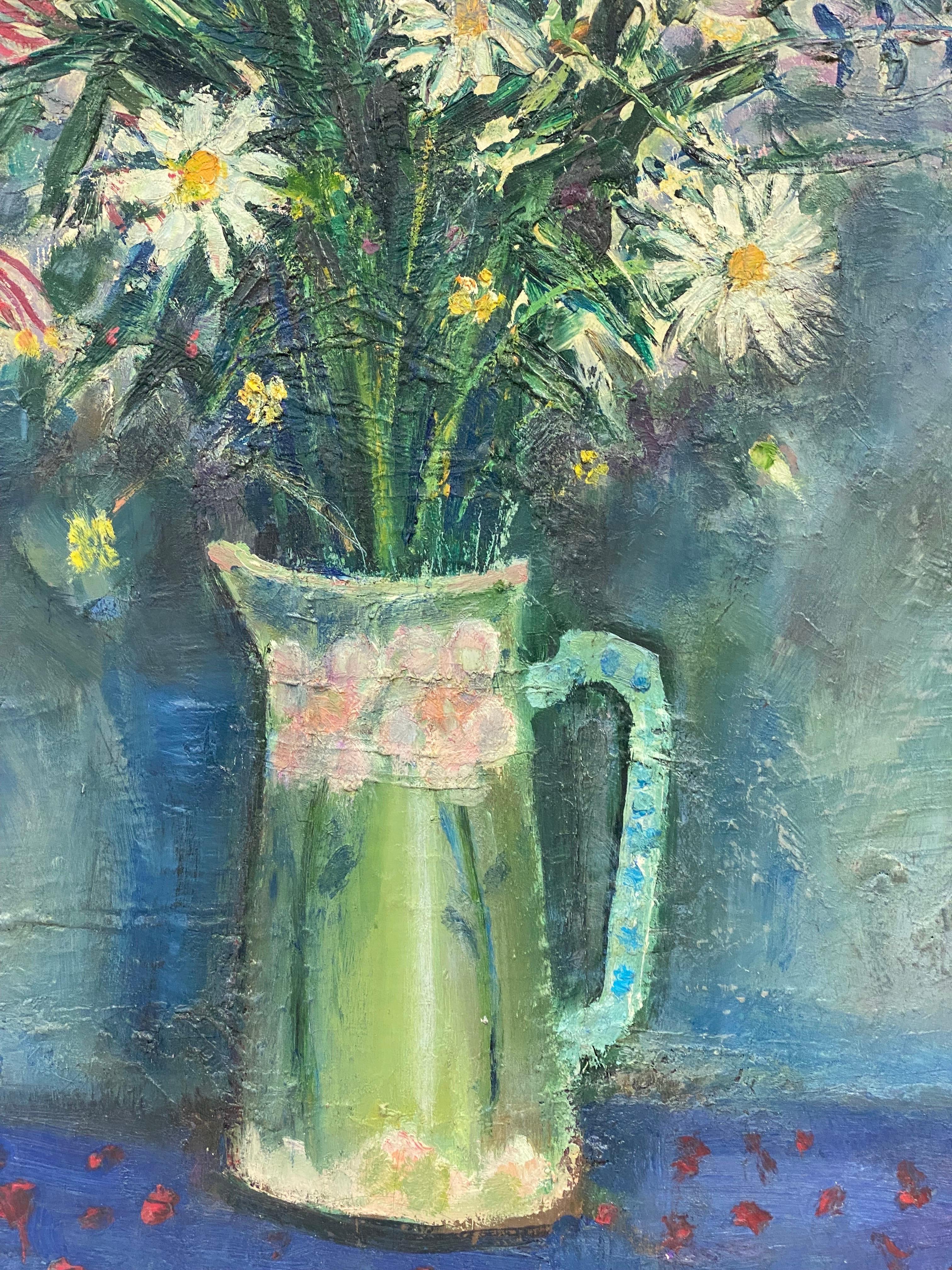 Grande huile post-impressionniste française des années 1950 signée, Fleurs vives vertes et bleues - Gris Still-Life Painting par Édouard Righetti (1924-2001)