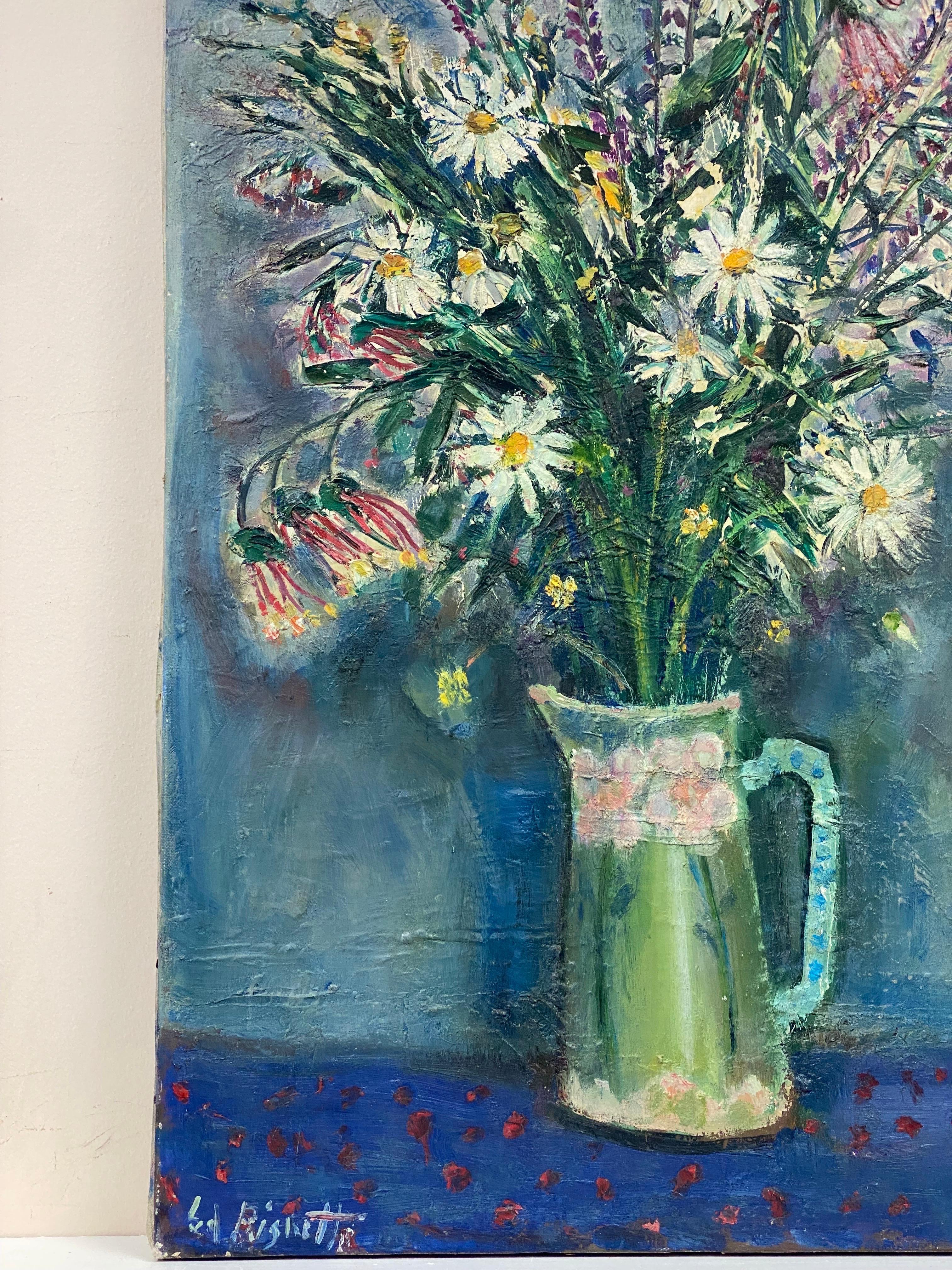 Large 1950's French Post-Impressionist Signed Oil - Bright Flowers Green & Blue - Gray Still-Life Painting by Édouard Righetti (1924-2001)