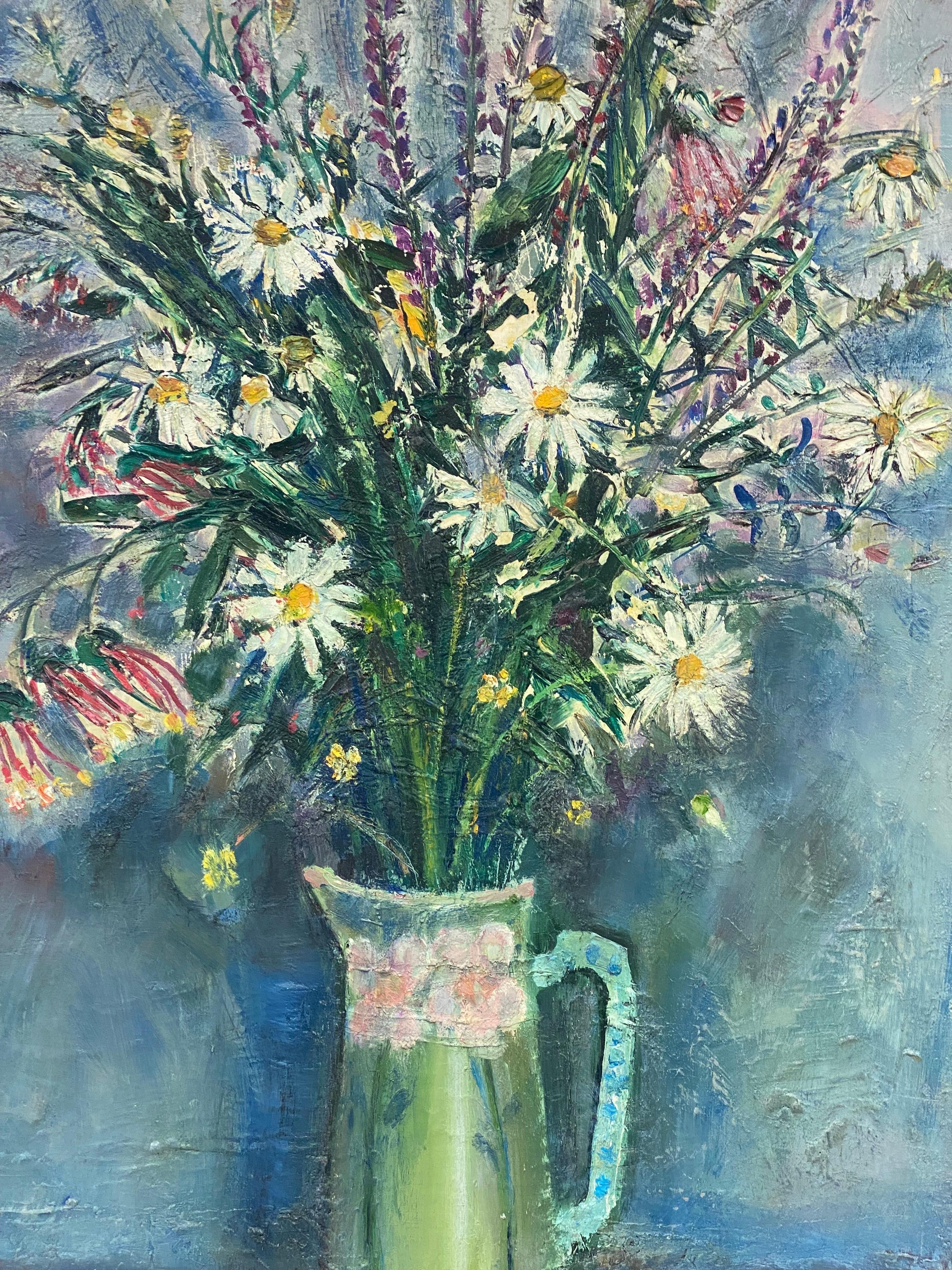 Grande huile post-impressionniste française des années 1950 signée, Fleurs vives vertes et bleues en vente 1
