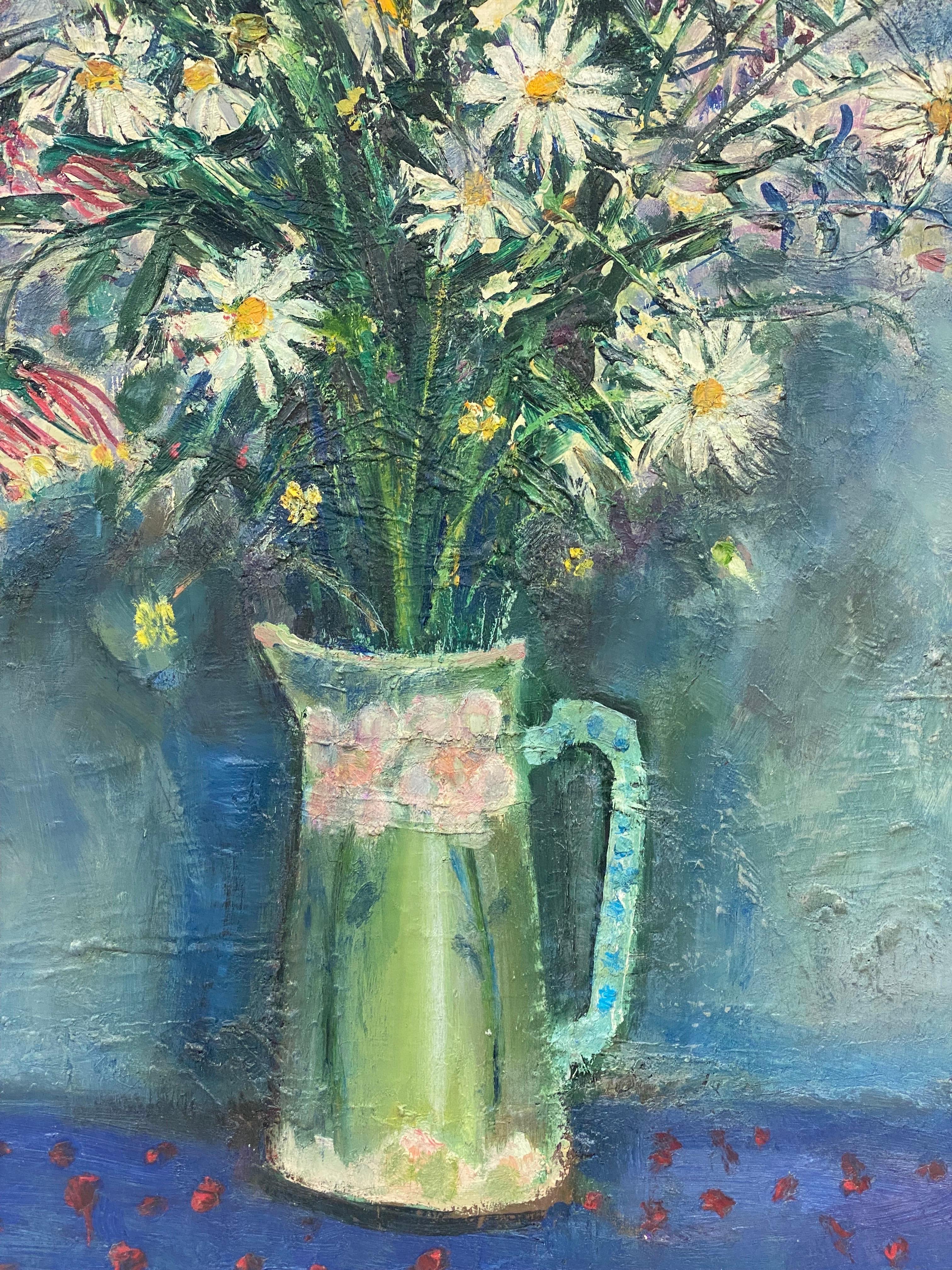 Grande huile post-impressionniste française des années 1950 signée, Fleurs vives vertes et bleues en vente 2