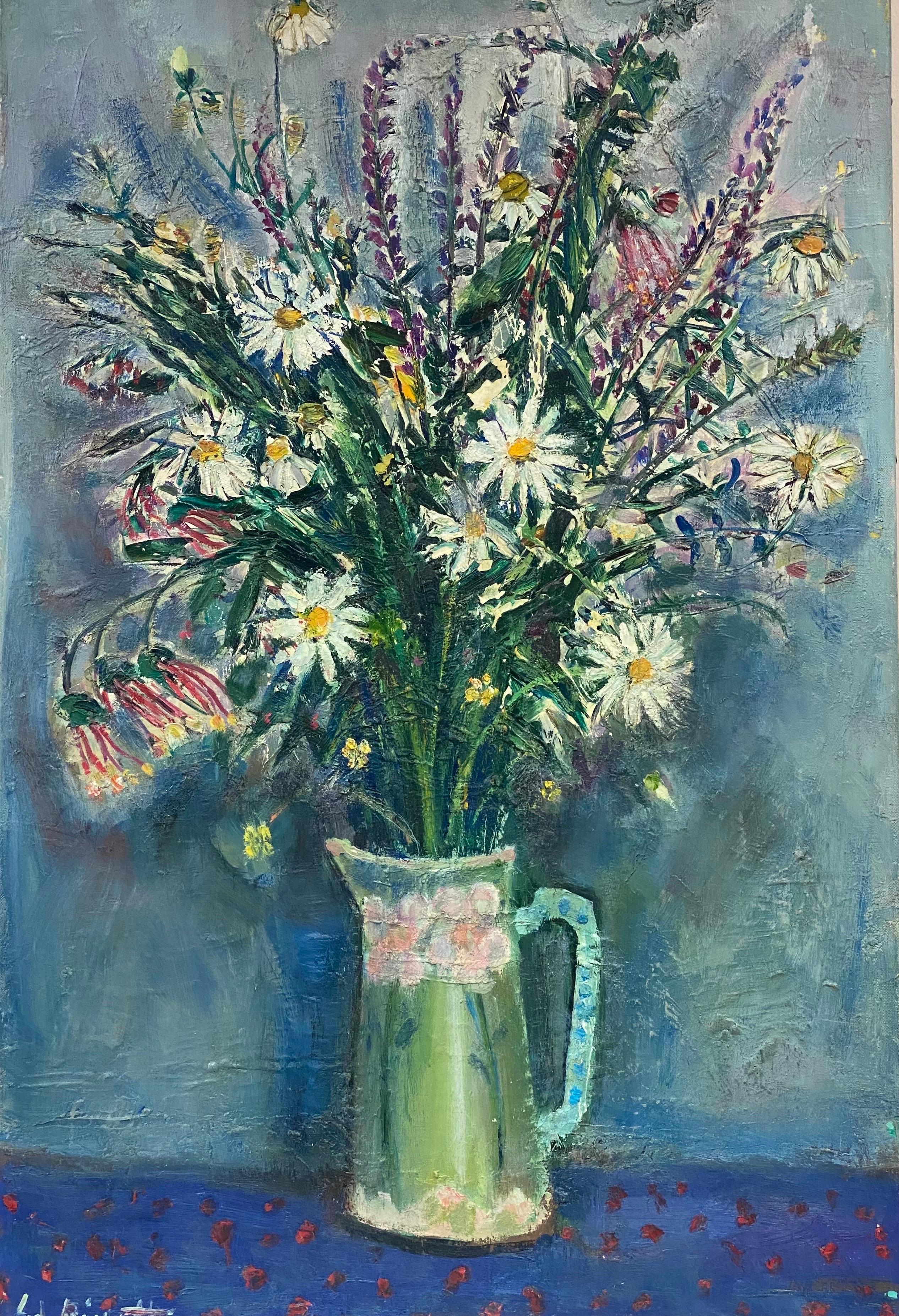 Still-Life Painting Édouard Righetti (1924-2001) - Grande huile post-impressionniste française des années 1950 signée, Fleurs vives vertes et bleues