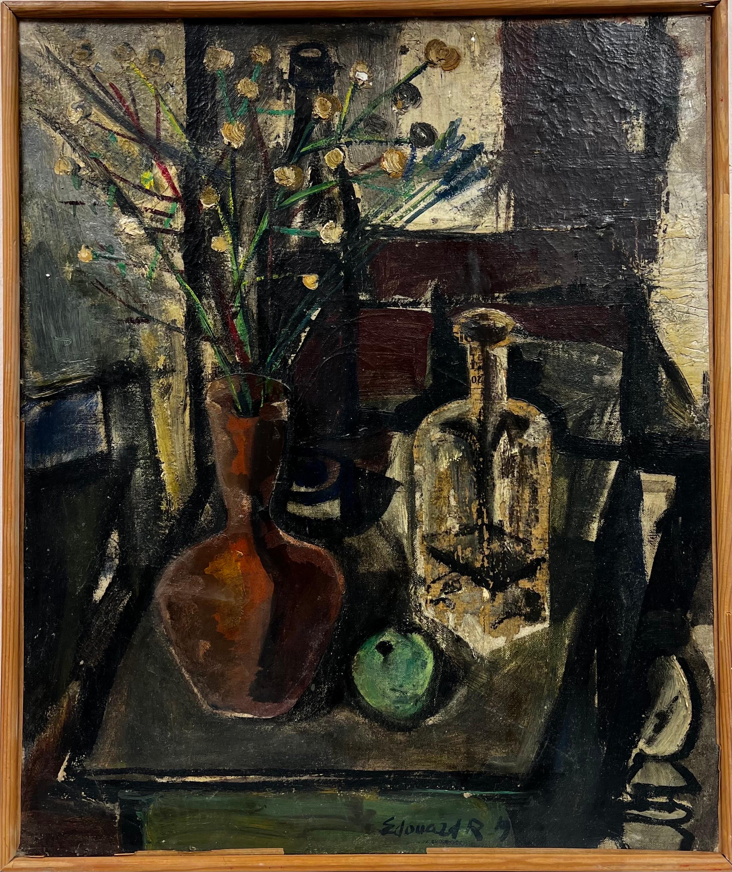Large 1960's French Modernist Signed Oil, Moody Interior Still Life Scene - Painting by Édouard Righetti (1924-2001)