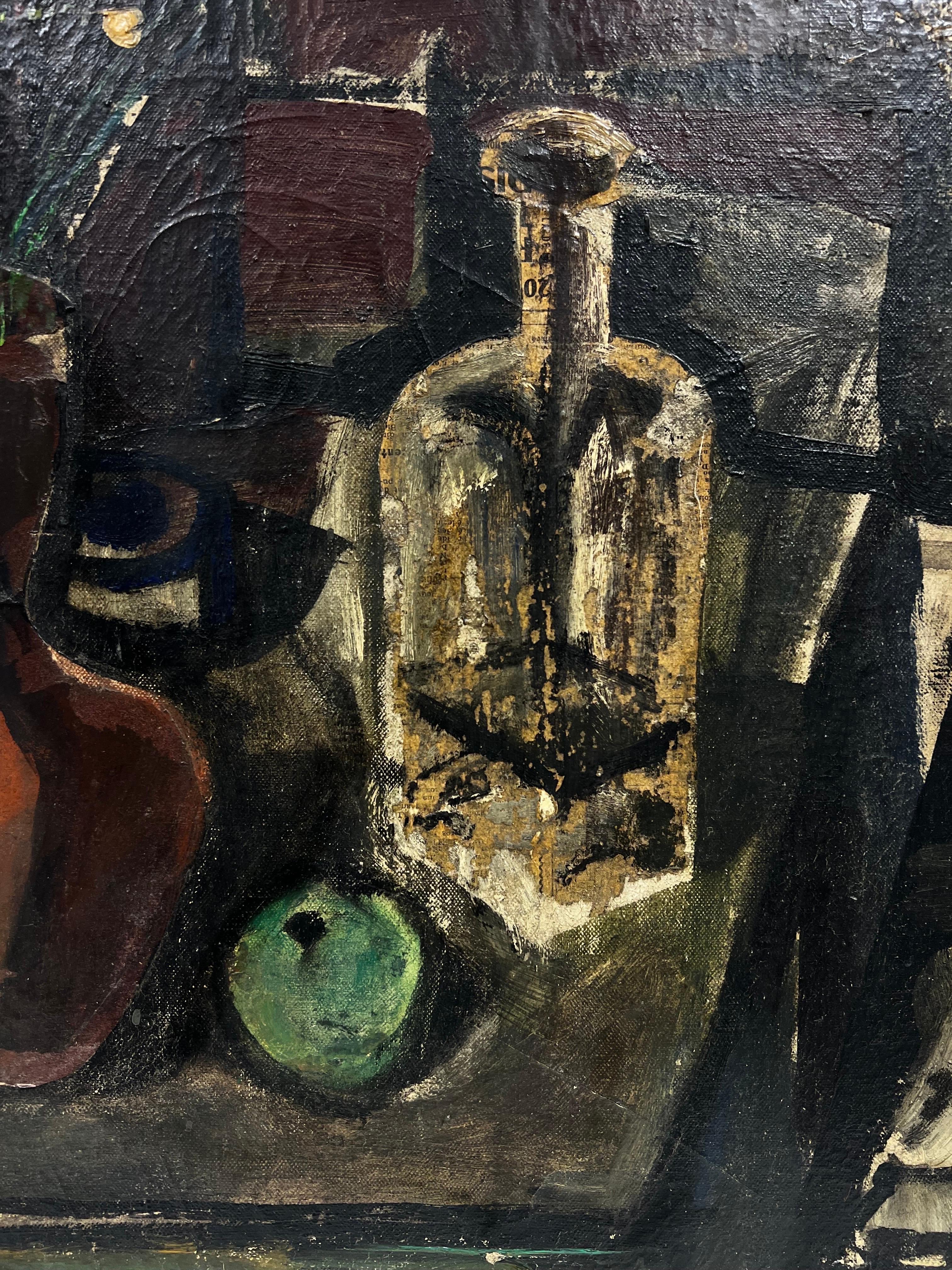 Grande huile moderniste française des années 1960, signée, scène de nature morte d'intérieur lunatique - Post-impressionnisme Painting par Édouard Righetti (1924-2001)