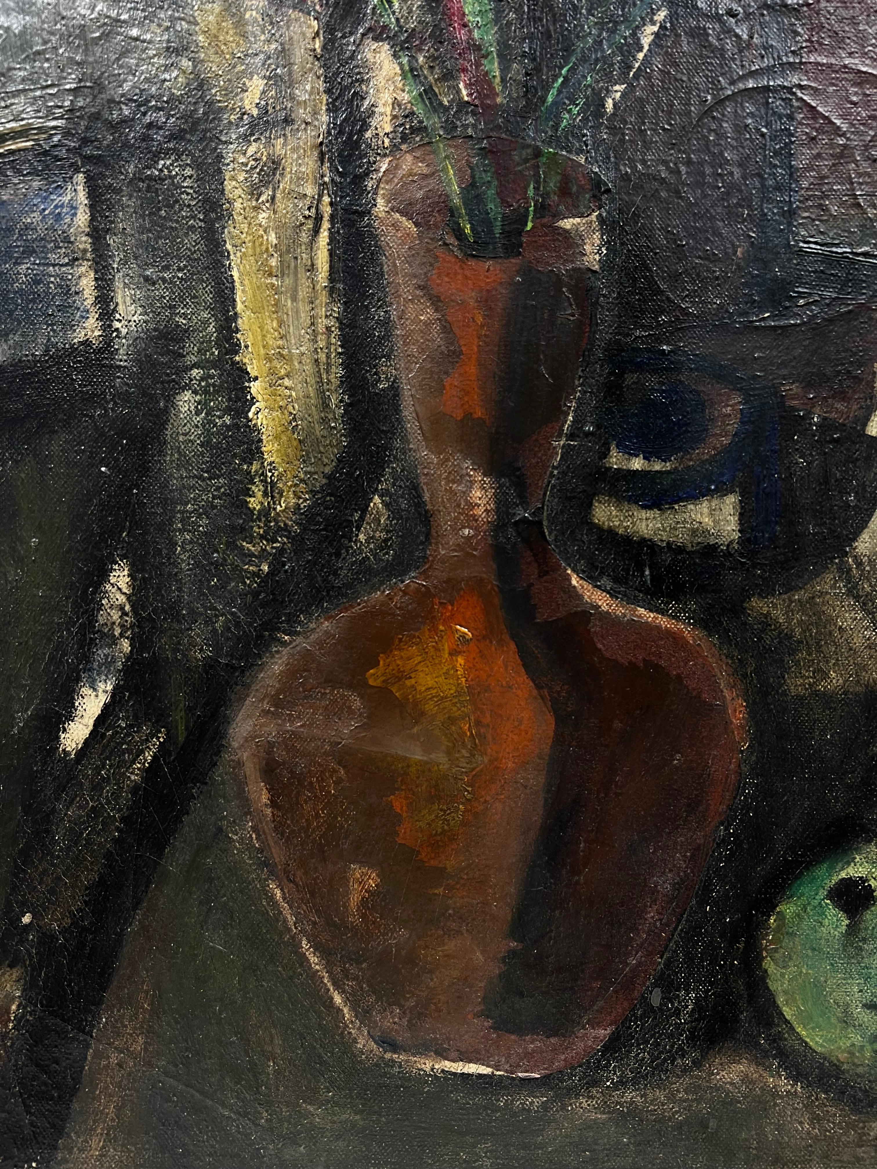 Gran óleo modernista francés de los años 60, firmado, escena de bodegón interior de mal humor - Interior Painting Negro de Édouard Righetti (1924-2001)