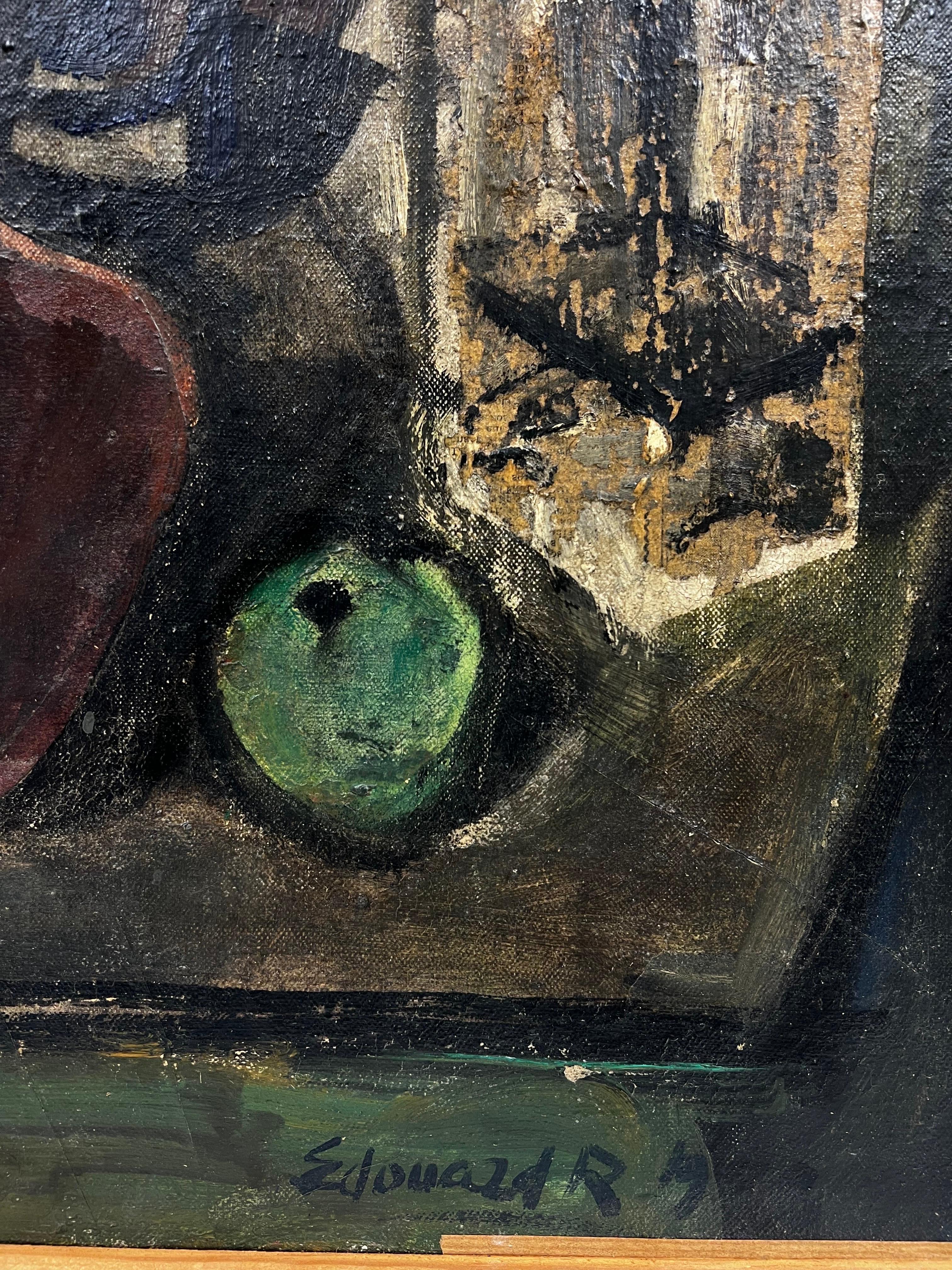 Grande huile moderniste française des années 1960, signée, scène de nature morte d'intérieur lunatique en vente 2