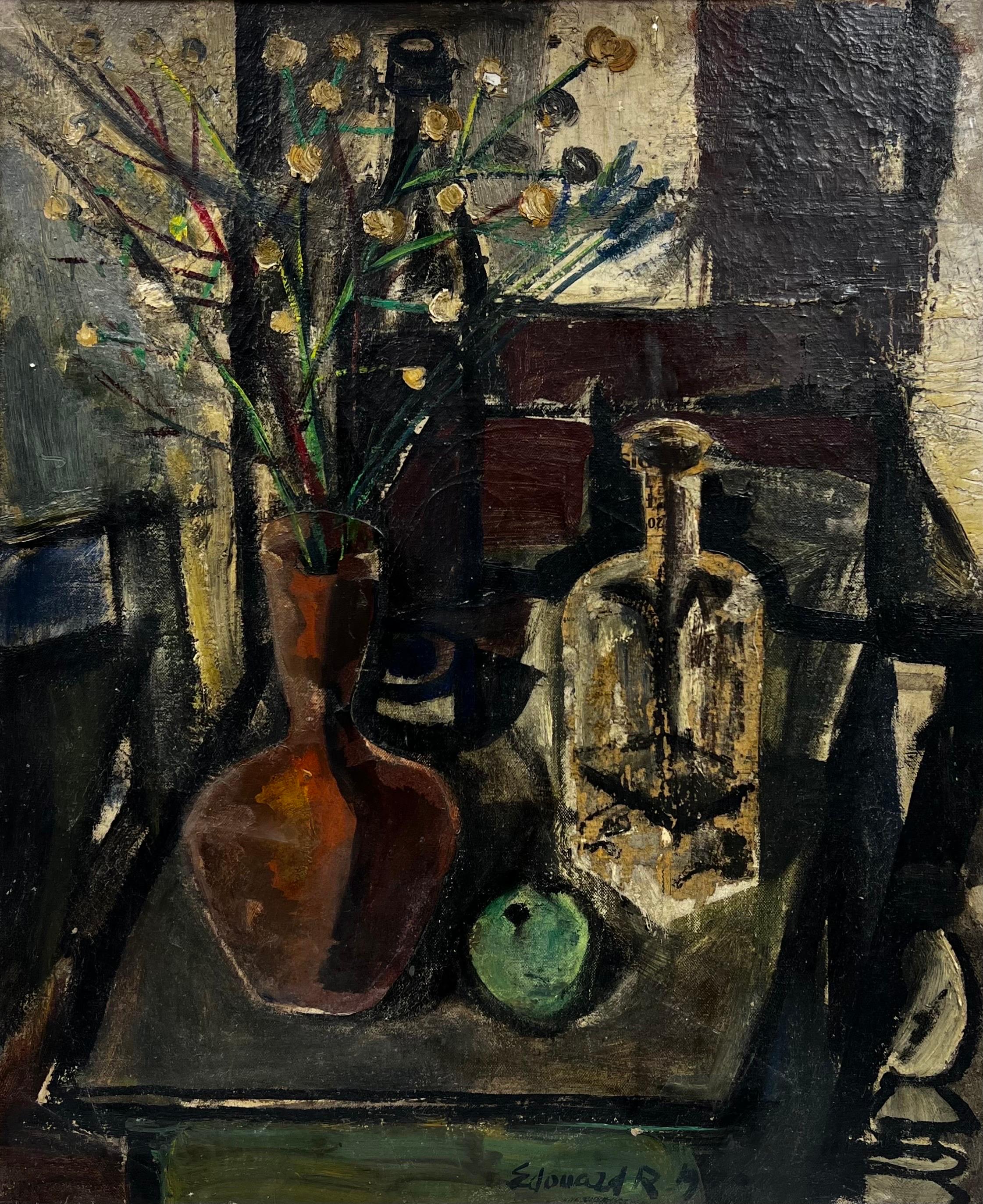 Interior Painting Édouard Righetti (1924-2001) - Grande huile moderniste française des années 1960, signée, scène de nature morte d'intérieur lunatique