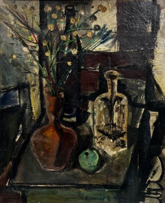 Grande huile moderniste française des années 1960, signée, scène de nature morte d'intérieur lunatique