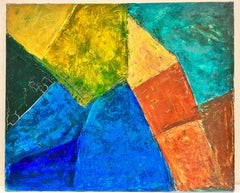Large French Abstract Cubist Composition Orange Beige Green Blue Colors