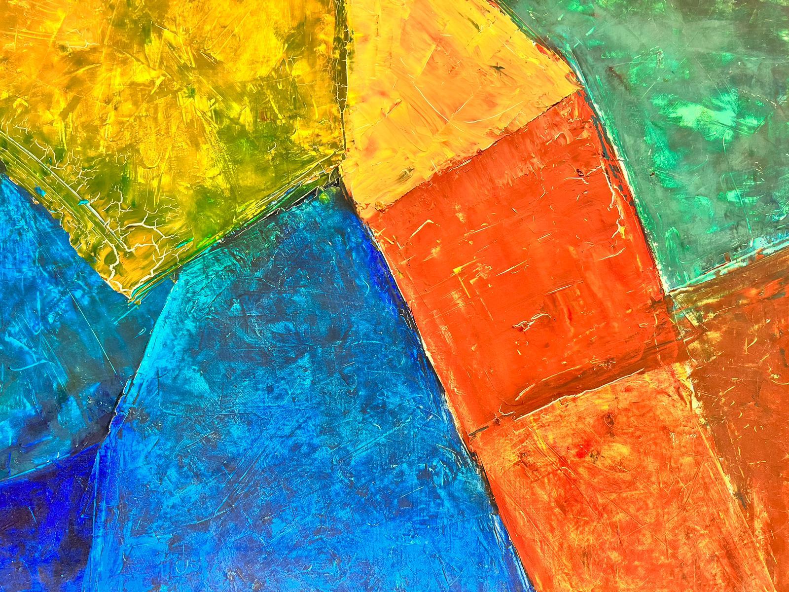 Grande composition cubiste abstraite française orange beige vert bleu - Géométrique abstrait Painting par Édouard Righetti (1924-2001)