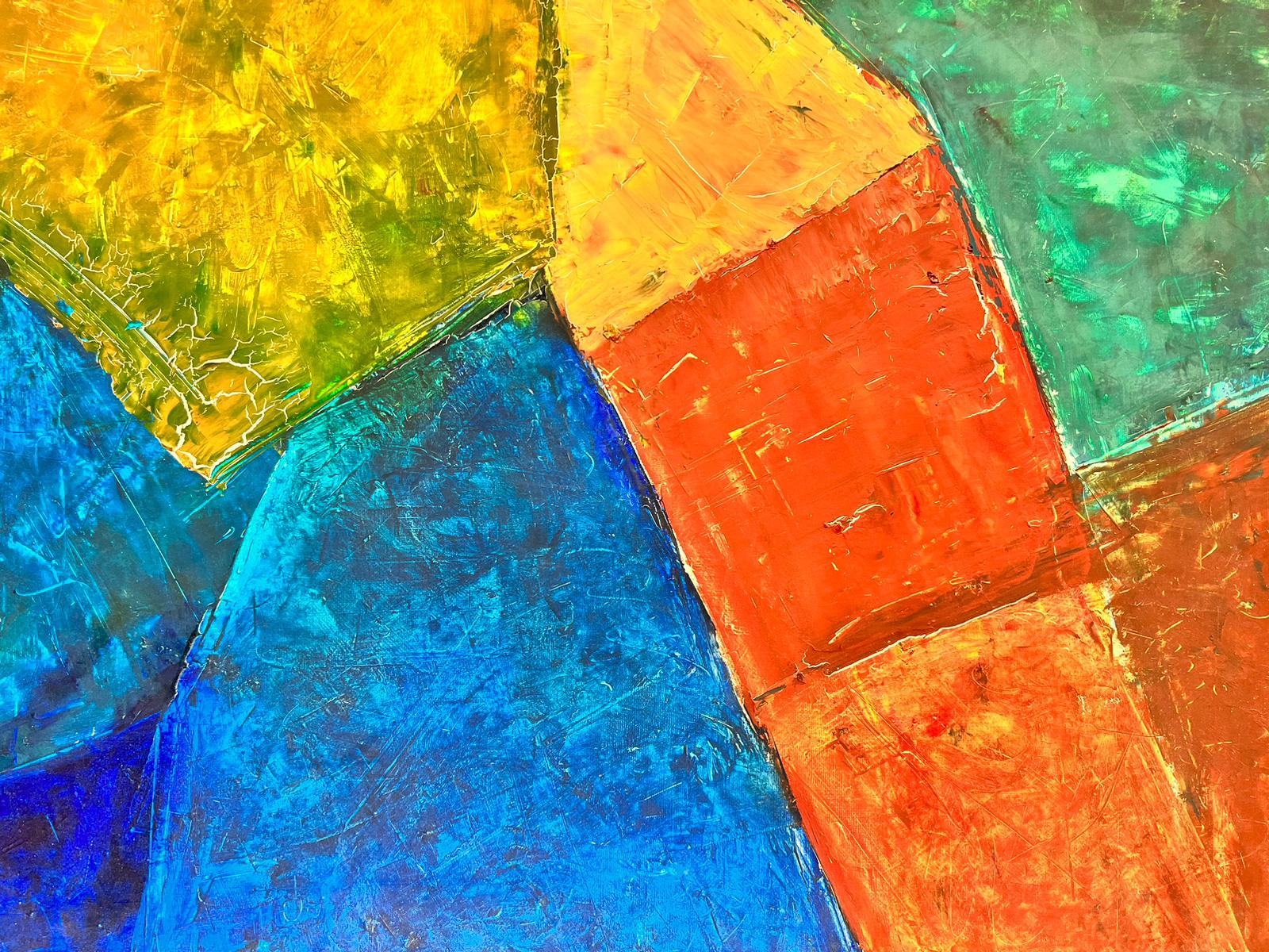 Grande composizione cubista astratta francese Arancione Beige Verde Blu Colori - Painting Astrattismo geometrico di Édouard Righetti (1924-2001)