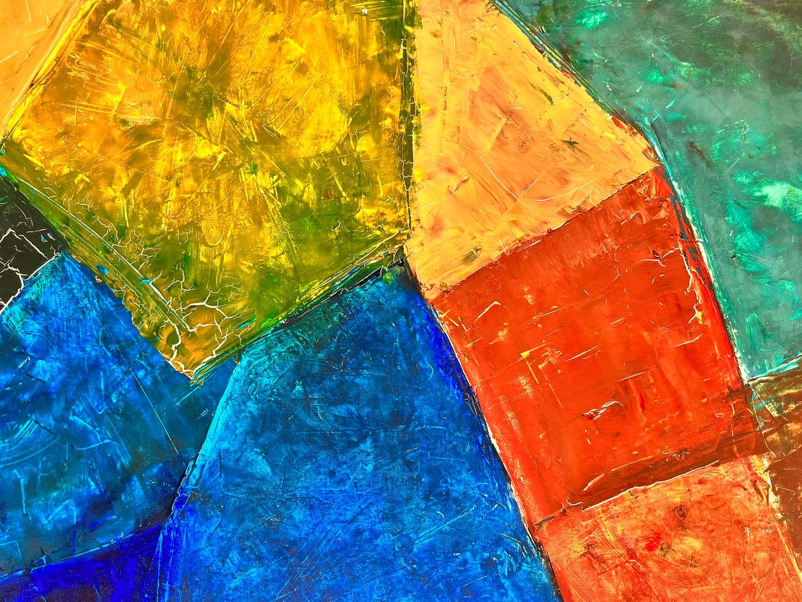 Grande composition cubiste abstraite française orange beige vert bleu en vente 1