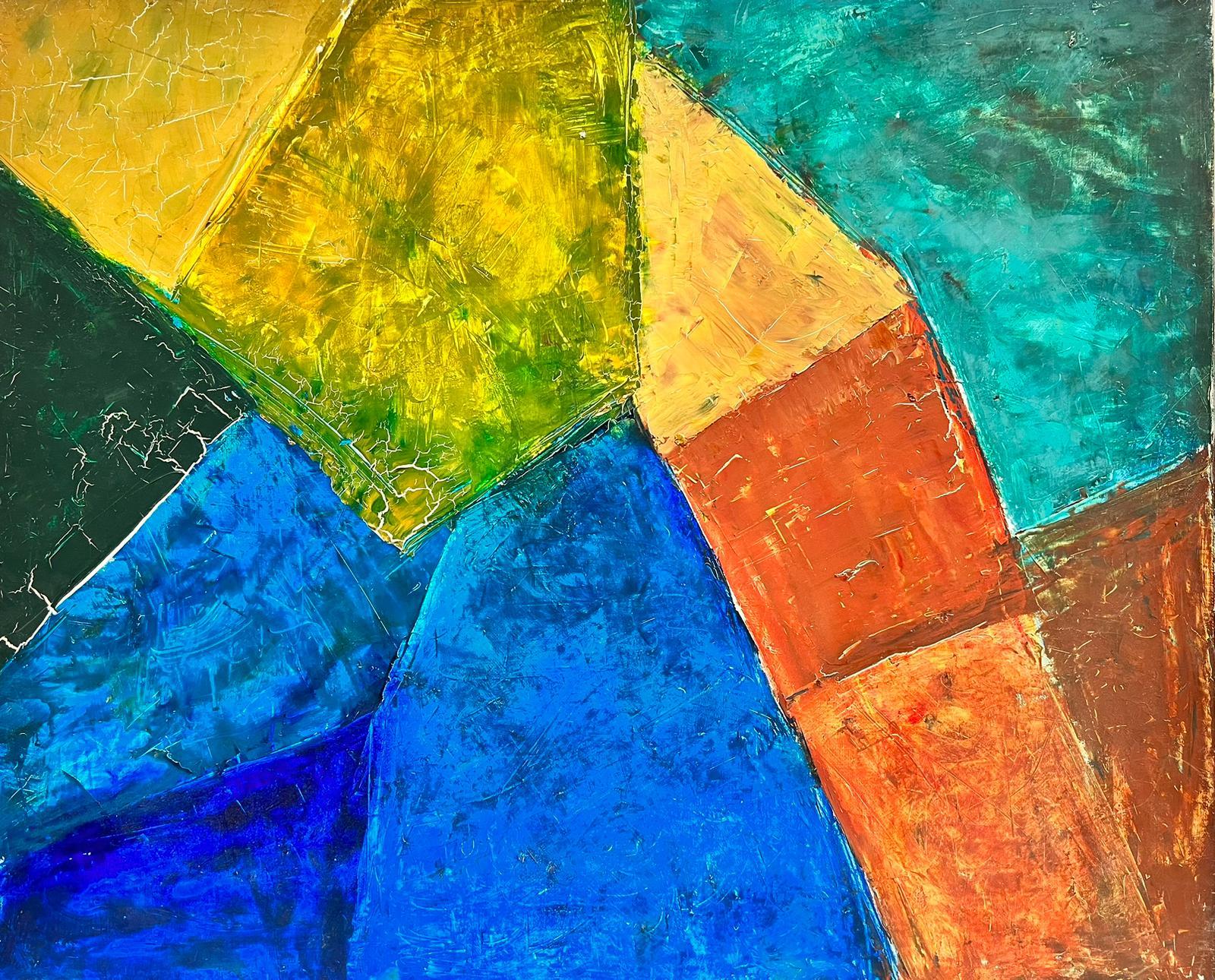 Abstract Painting Édouard Righetti (1924-2001) - Grande composition cubiste abstraite française orange beige vert bleu