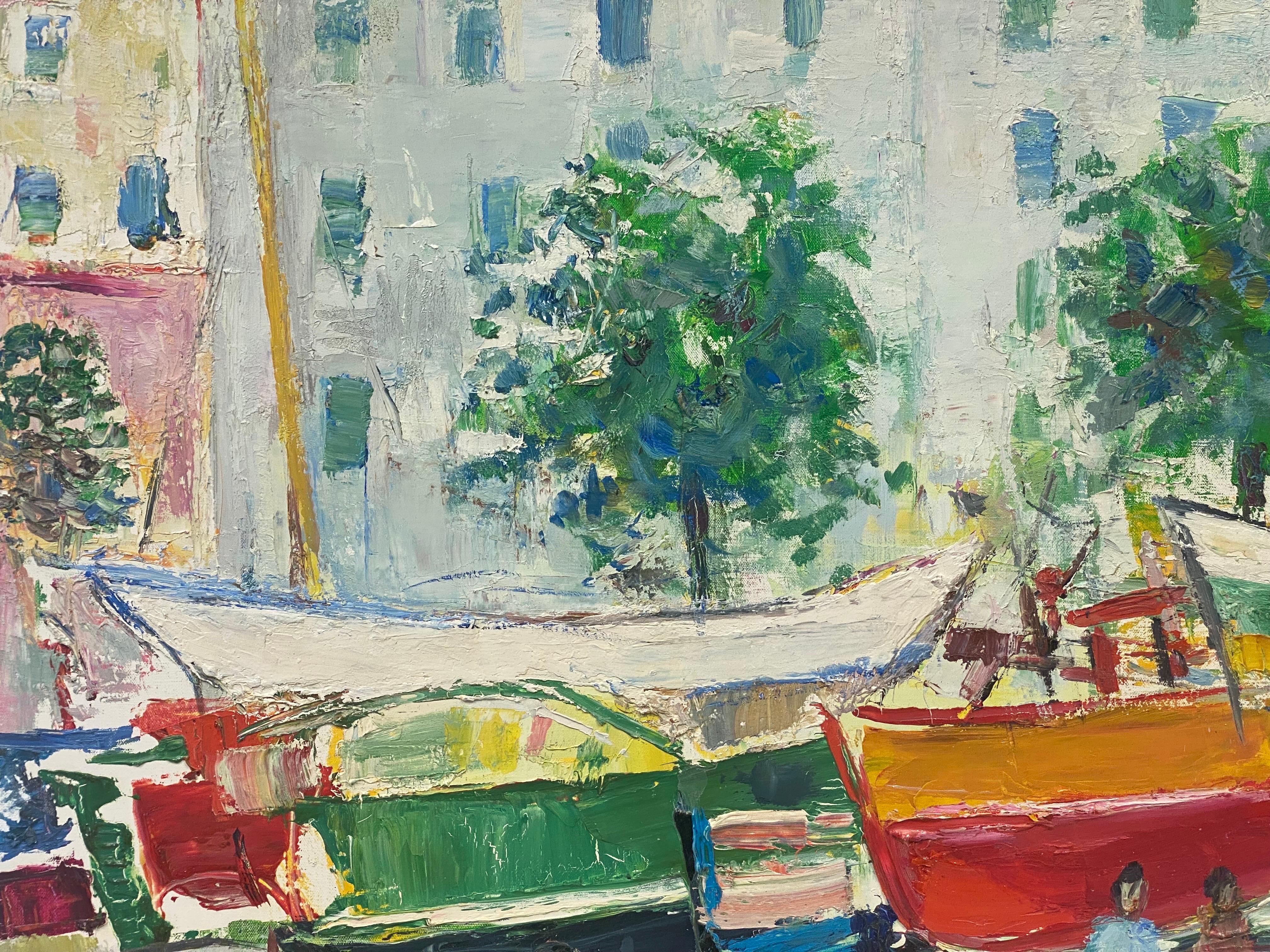 Menton Côte d'Azur Sunny Harbour Huile Post-Impressionniste du Milieu du Siècle - Painting de Édouard Righetti (1924-2001)