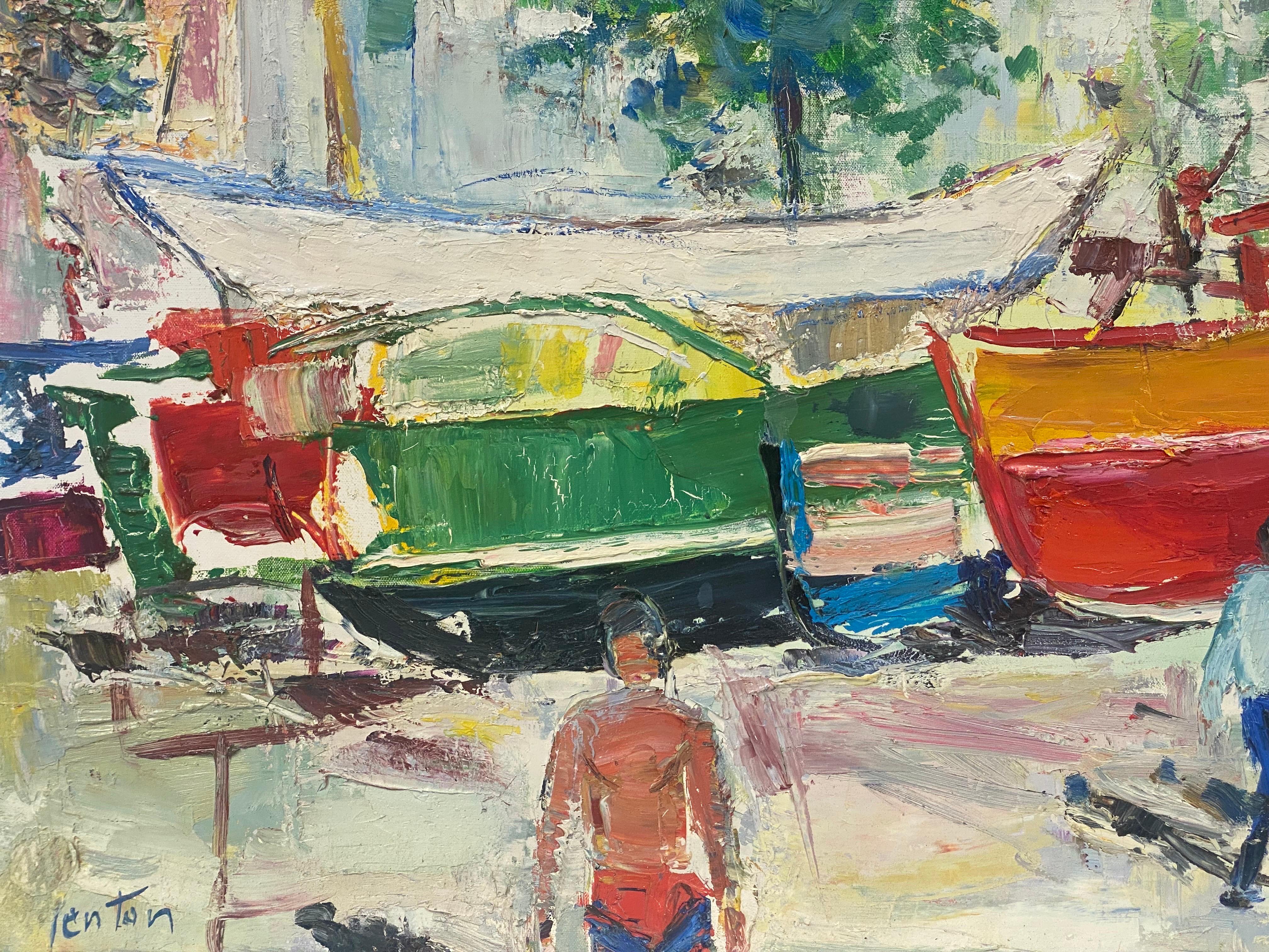 Menton Côte d'Azur Sunny Harbour Huile Post-Impressionniste du Milieu du Siècle - Post-impressionnisme Painting par Édouard Righetti (1924-2001)
