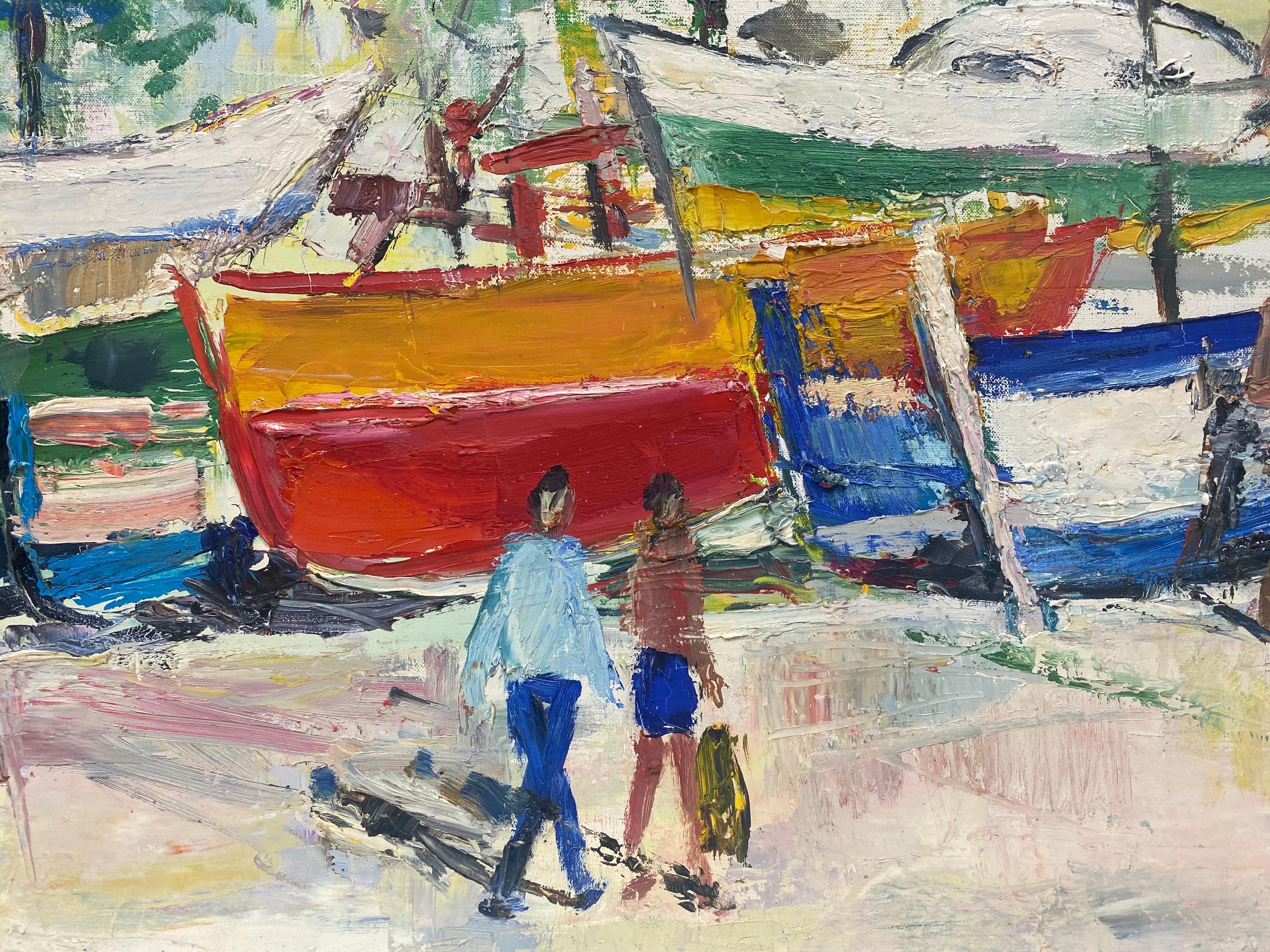 Menton Côte d'Azur Sunny Harbour Huile Post-Impressionniste du Milieu du Siècle - Gris Figurative Painting par Édouard Righetti (1924-2001)