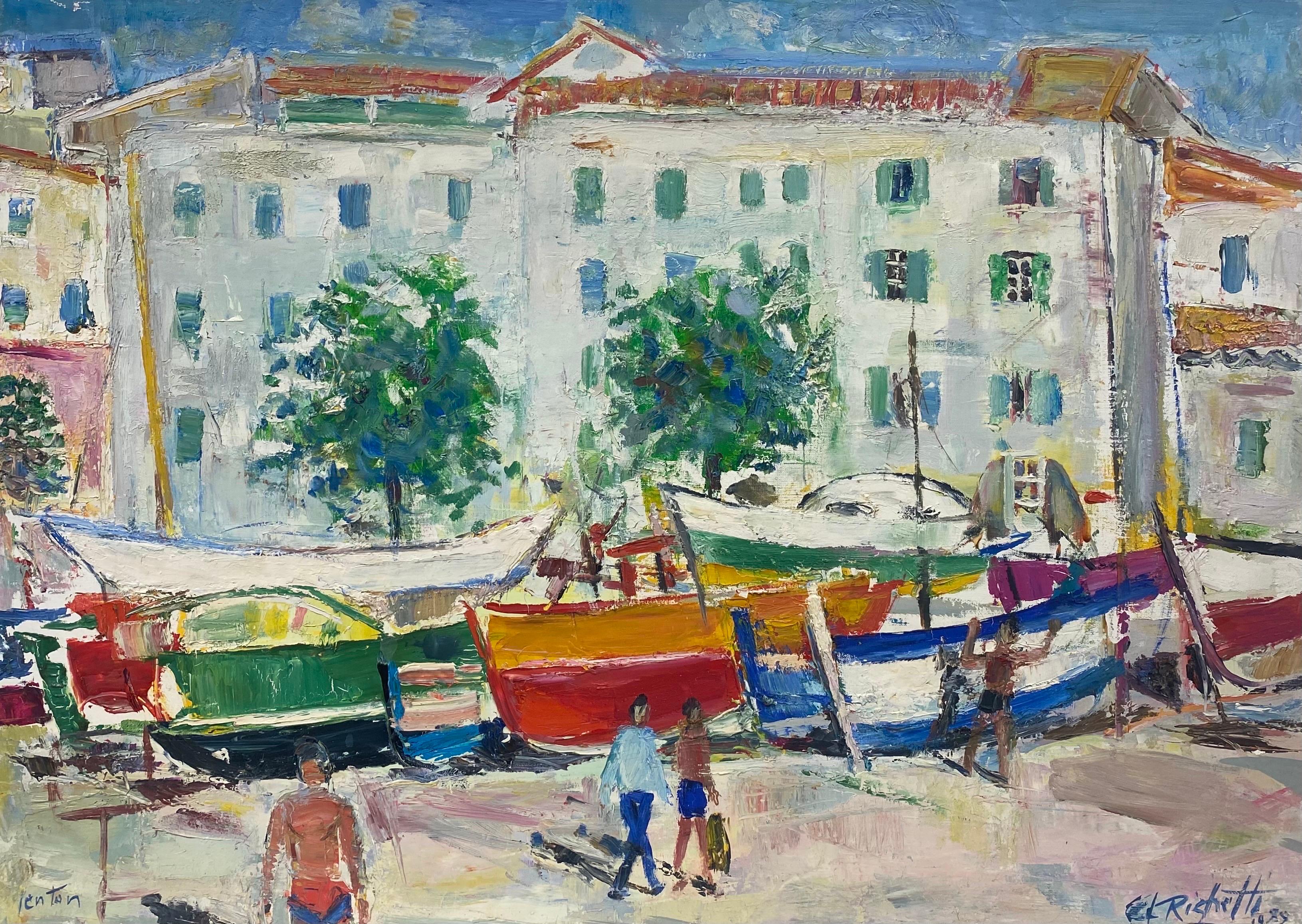 Figurative Painting Édouard Righetti (1924-2001) - Menton Côte d'Azur Sunny Harbour Huile Post-Impressionniste du Milieu du Siècle