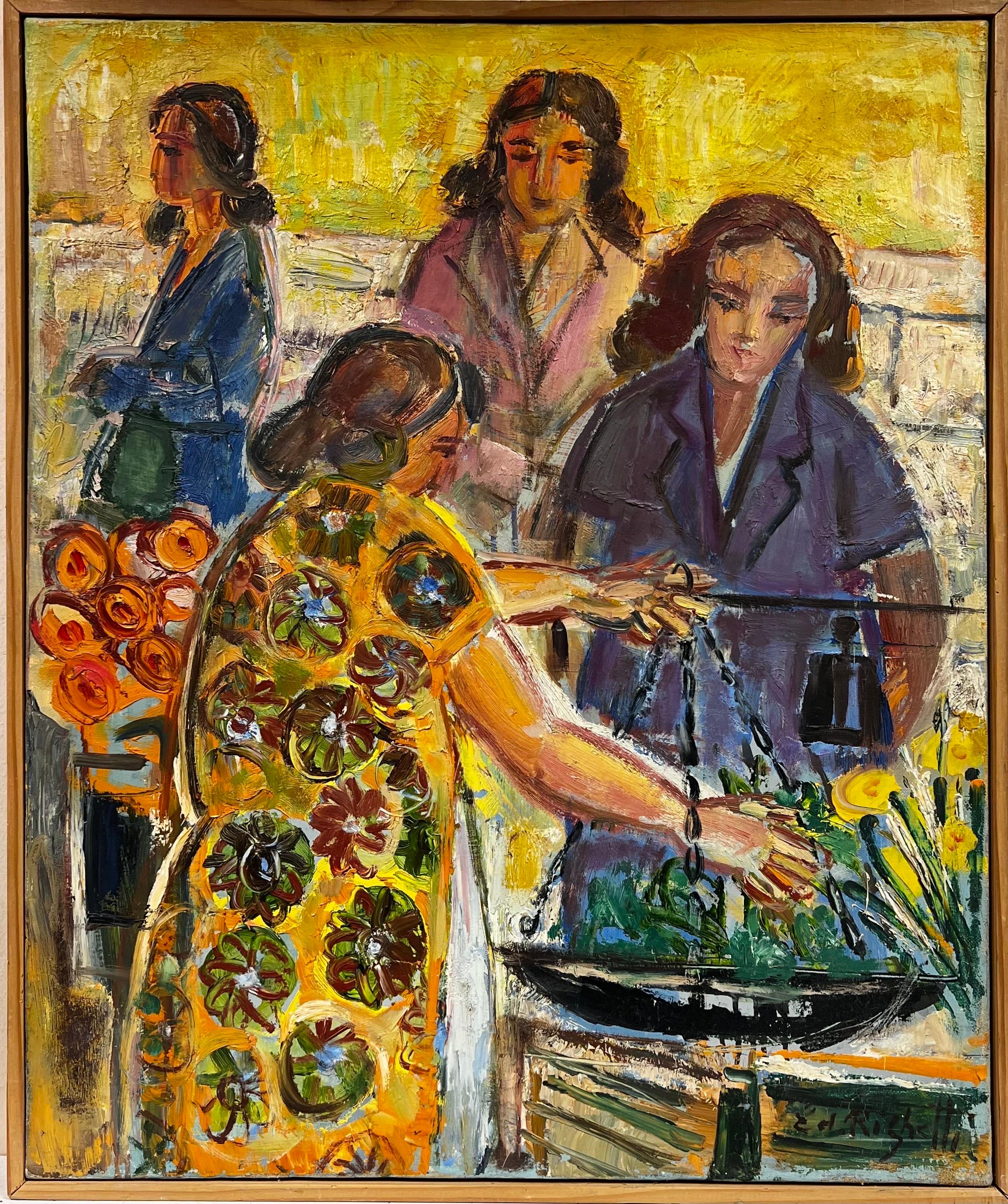 Menton South of France Ladies at Flower Market Stall 1960's French Oil - Painting by Édouard Righetti (1924-2001)