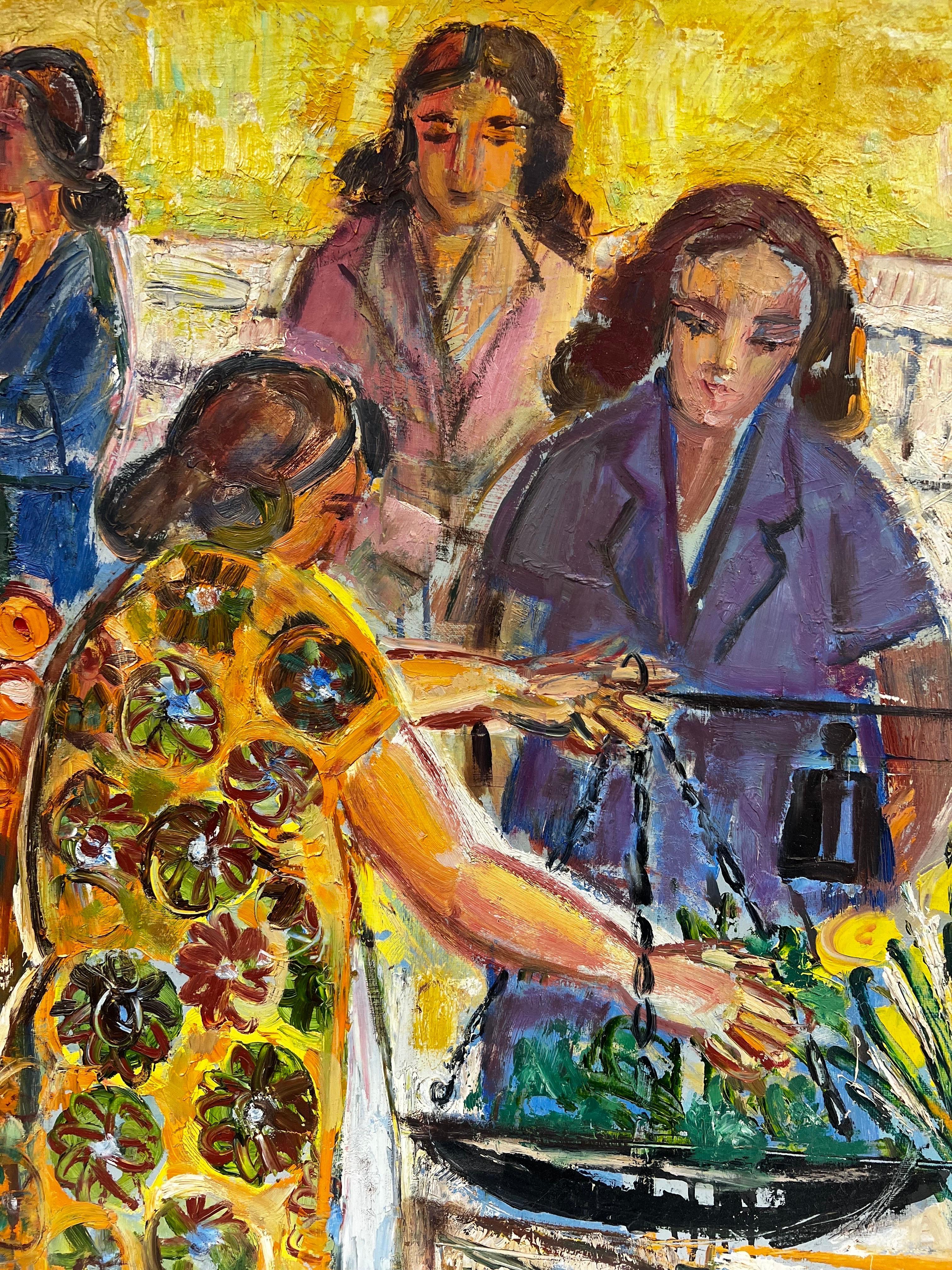 Menton South of France Femmes au Marché aux Fleurs Stall des Années 1960 Huile Française - Post-impressionnisme Painting par Édouard Righetti (1924-2001)