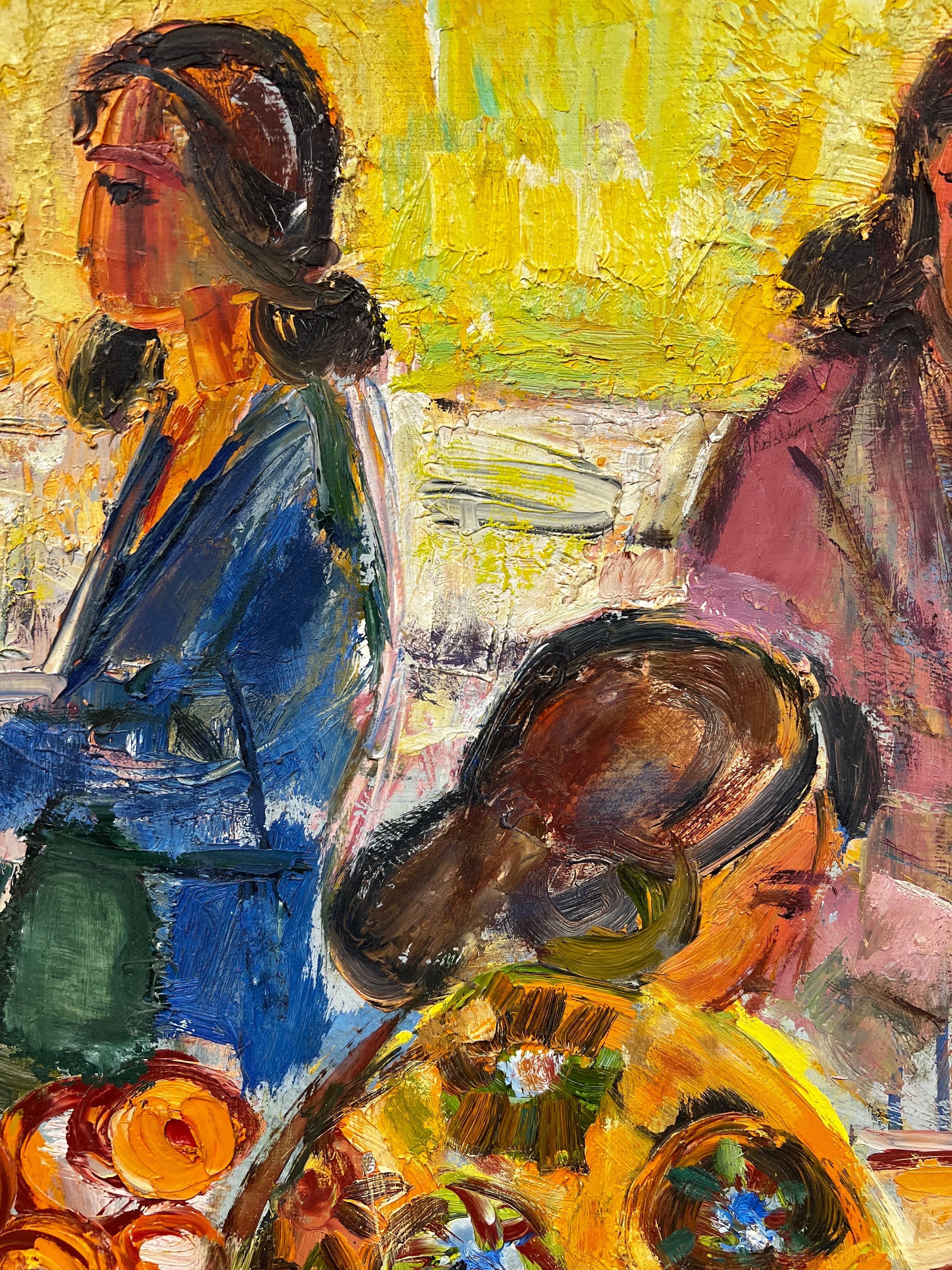 L'étal du marché
par Édouard Righetti (1924-2001)

signé
inscrit au verso
peinture à l'huile sur toile, magnifiquement peinte avec des empâtements épais à l'huile et des couleurs vives à base de jaune. 
très bonne condition
dans son cadre en bois