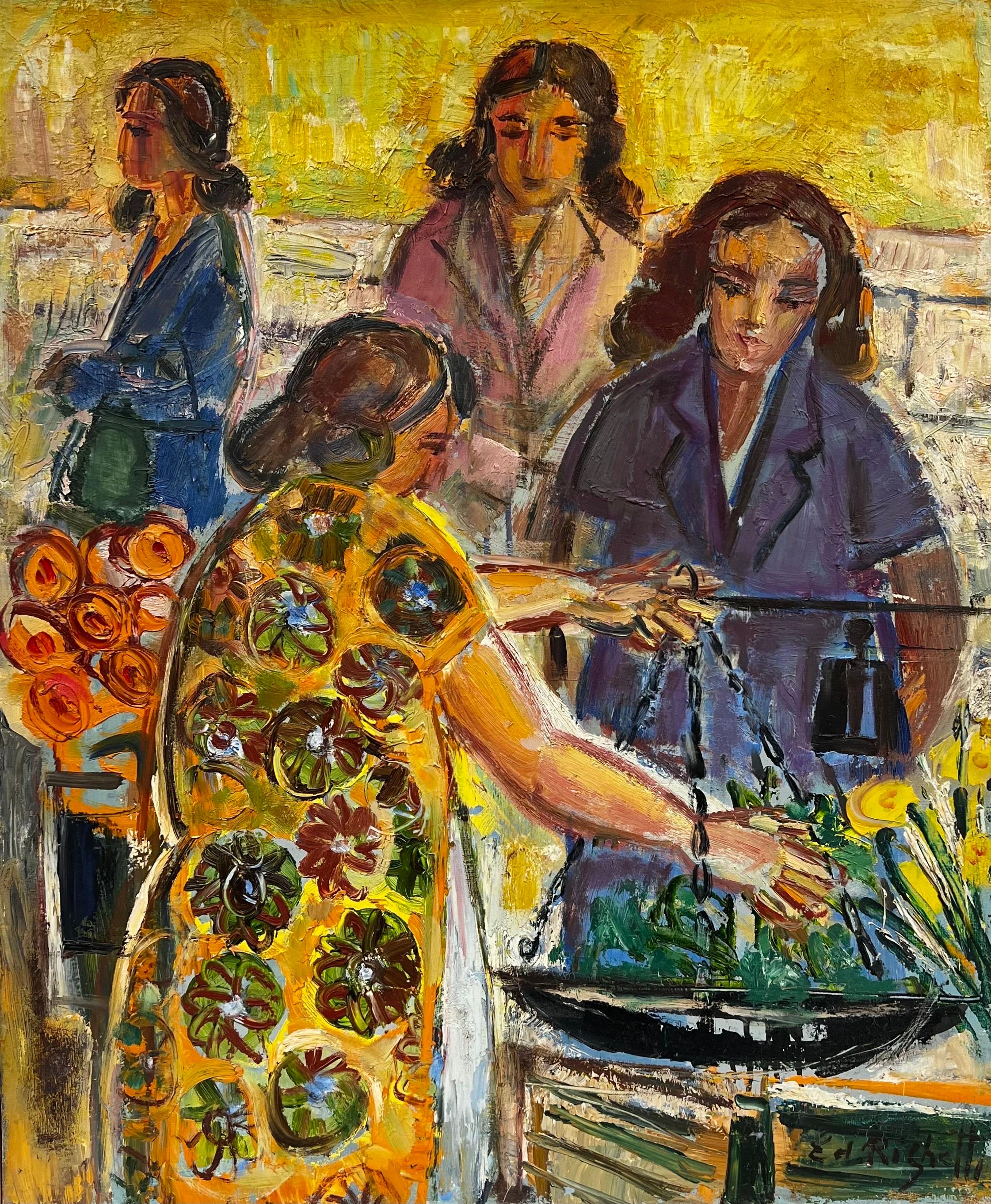 Figurative Painting Édouard Righetti (1924-2001) - Menton South of France Femmes au Marché aux Fleurs Stall des Années 1960 Huile Française