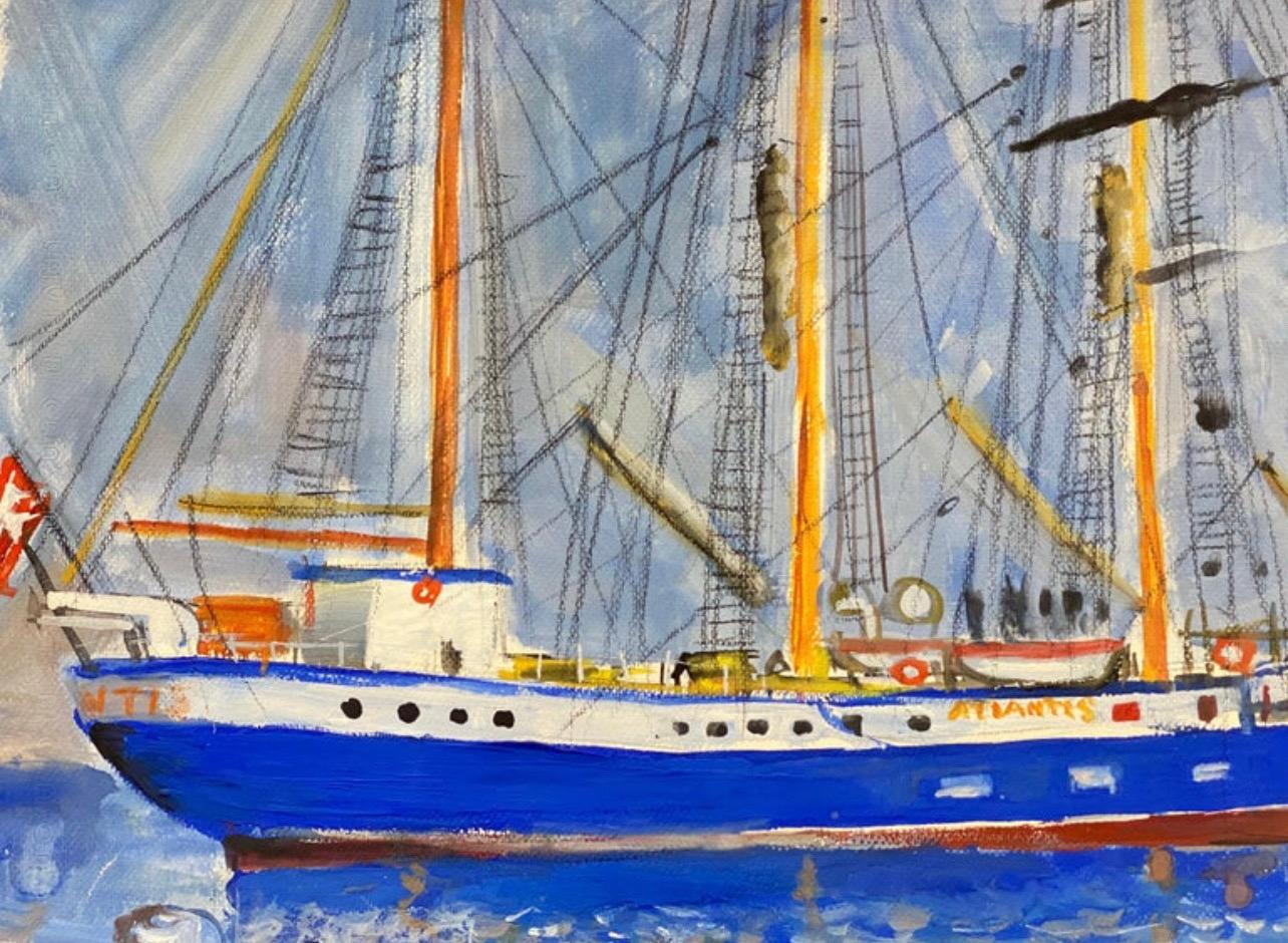 Peinture française du milieu du siècle, 'The Atlantis' Monaco Yacht classic harbour  - Painting de Édouard Righetti (1924-2001)