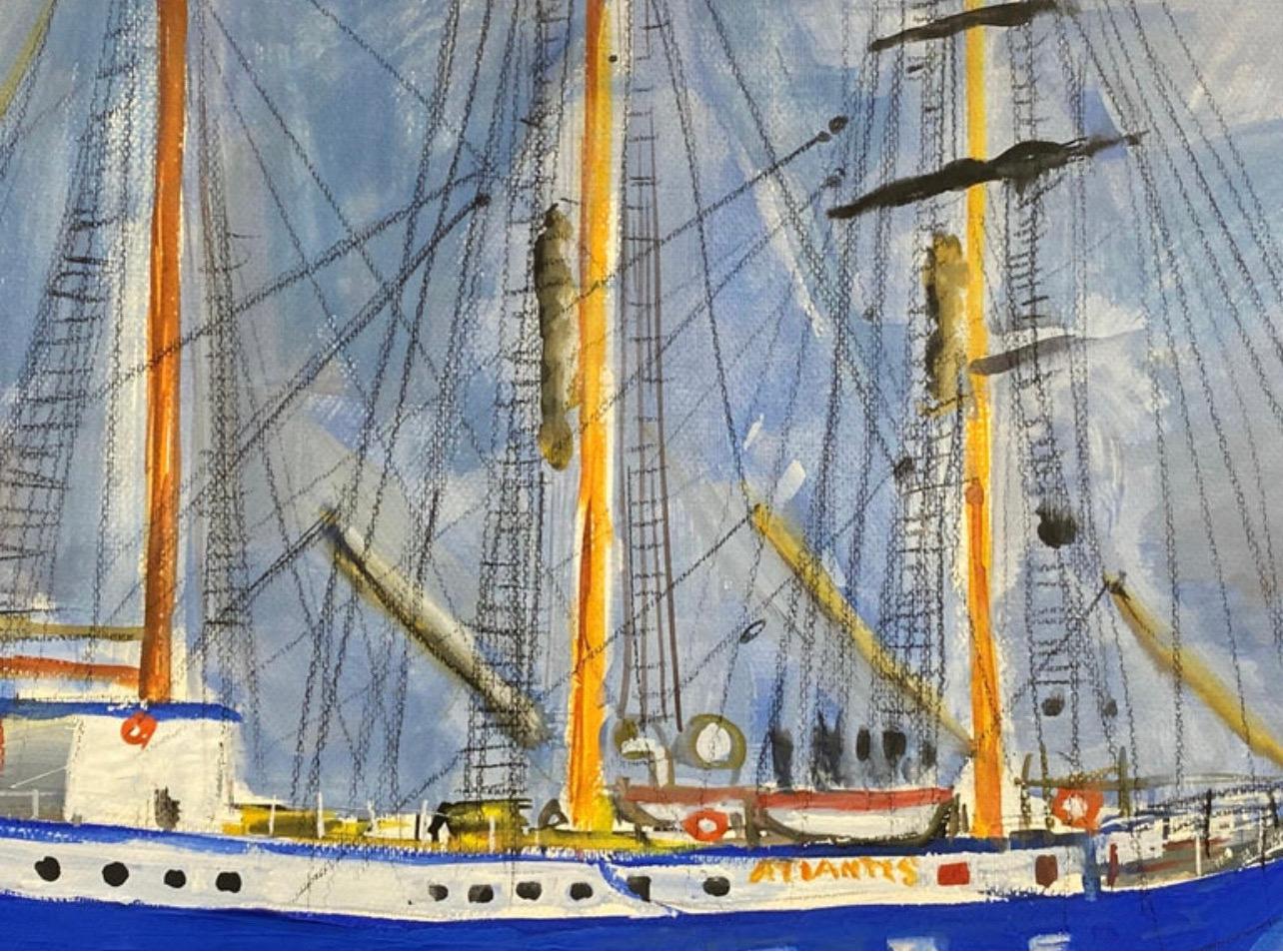 Mid Century French Painting, 'The Atlantis' Monaco Yacht classic harbour - Gray Landscape Painting by Édouard Righetti (1924-2001)