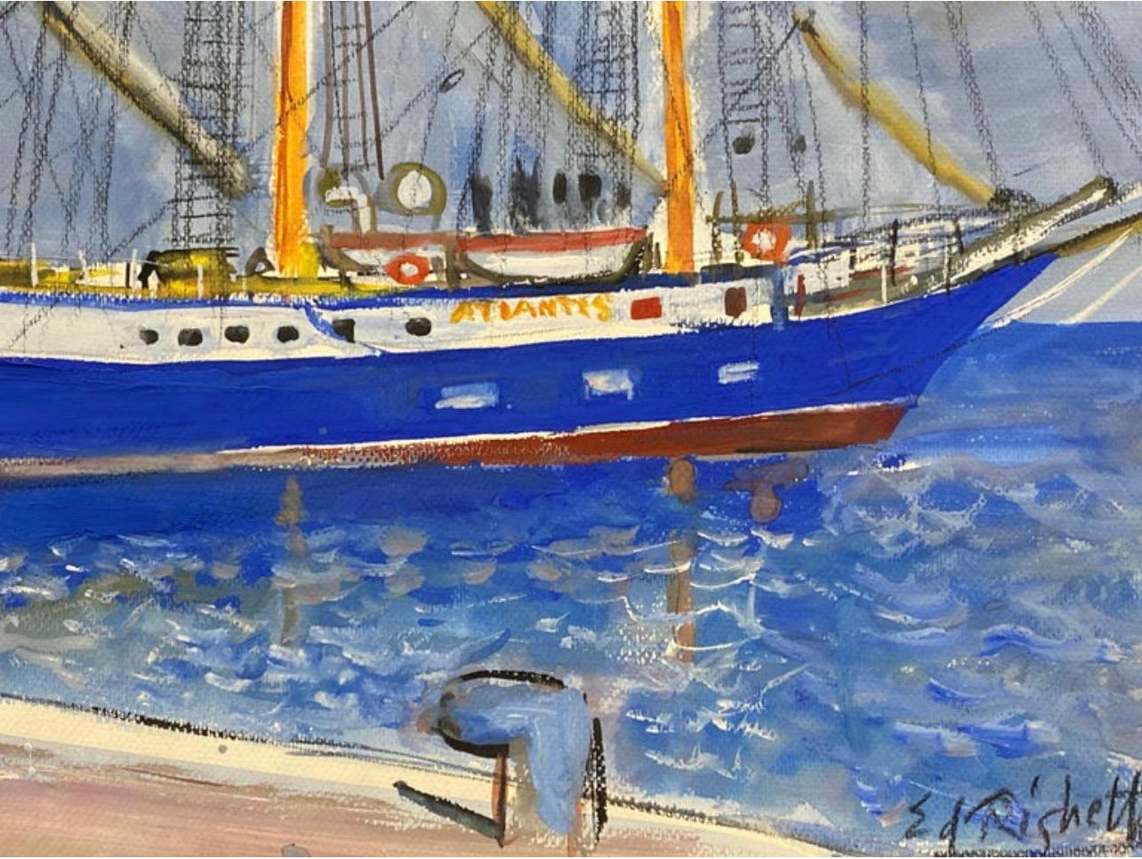Peinture française du milieu du siècle, 'The Atlantis' Monaco Yacht classic harbour  - Post-impressionnisme Painting par Édouard Righetti (1924-2001)