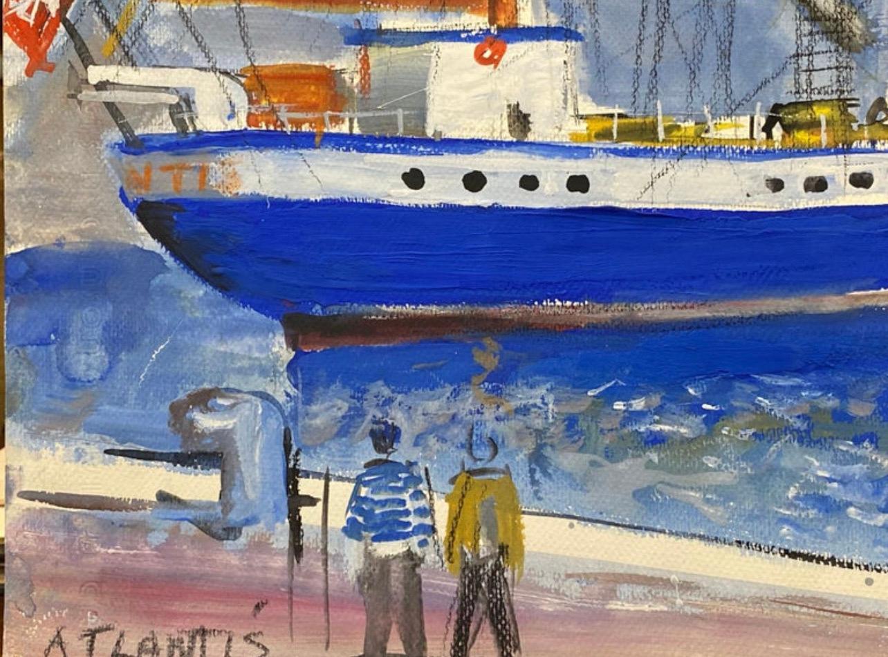 Mid Century French Painting, 'The Atlantis' Monaco Yacht classic harbour  For Sale 2