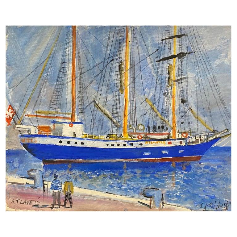 Édouard Righetti (1924-2001) Landscape Painting - Mid Century French Painting, 'The Atlantis' Monaco Yacht classic harbour 