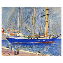 Mid Century French Painting, 'The Atlantis' Monaco Yacht classic harbour 