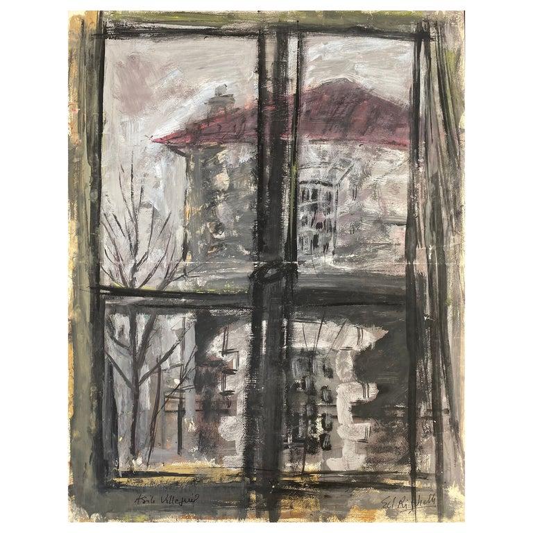 Französisches postimpressionistisches Gemälde aus der Mitte des Jahrhunderts, grauer Himmel durch ein Fenster