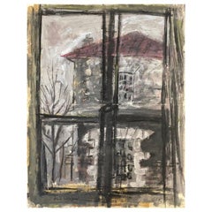 Mid Century French Post-Impressionist Painting, Grey Skies Through Window