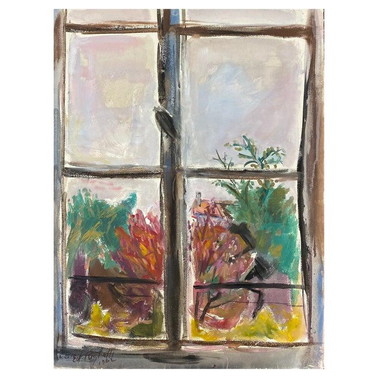 Landscape Painting Édouard Righetti (1924-2001) - Peinture post-impressionniste française du milieu du siècle, lever de soleil à travers une fenêtre