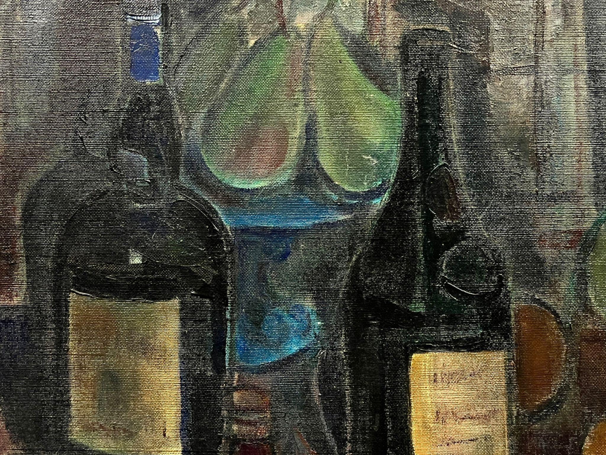 Huile sur toile de style post-moderniste du milieu du siècle dernier Nature morte au vin et aux fruits - Post-impressionnisme Painting par Édouard Righetti (1924-2001)