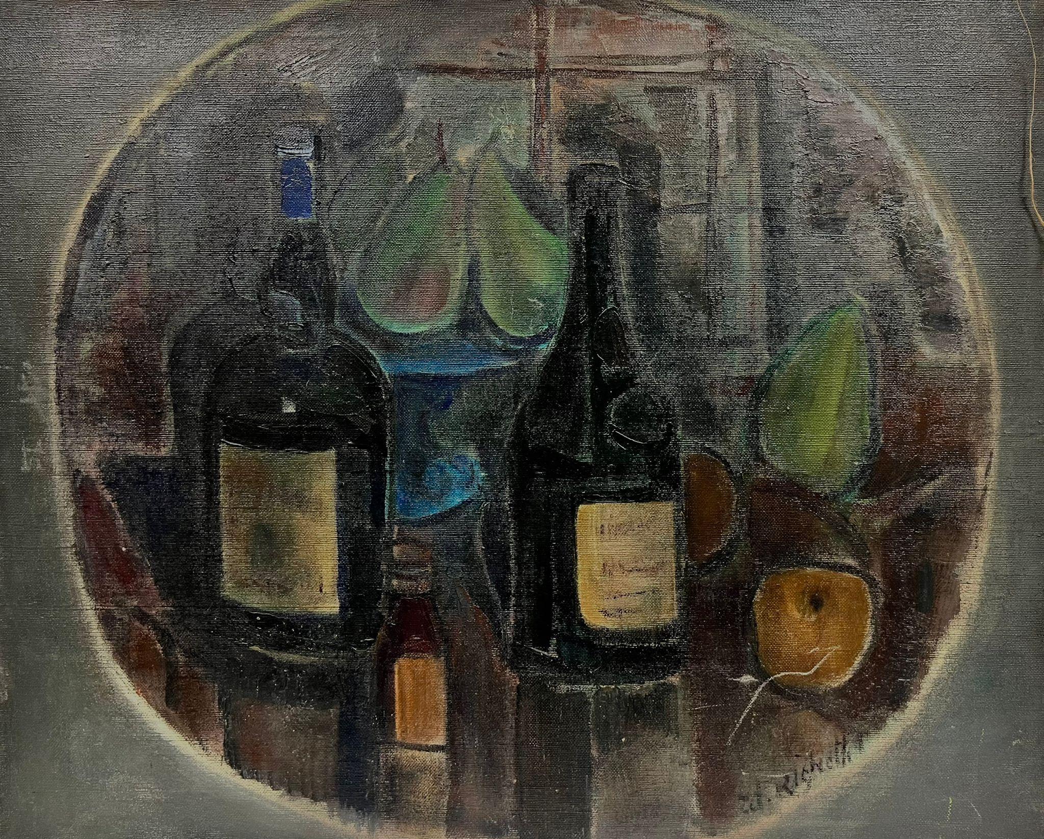 Still-Life Painting Édouard Righetti (1924-2001) - Huile sur toile de style post-moderniste du milieu du siècle dernier Nature morte au vin et aux fruits