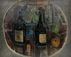 Mid Century French Post Modernist Oil on Canvas Moody Still Life Wine & Fruit