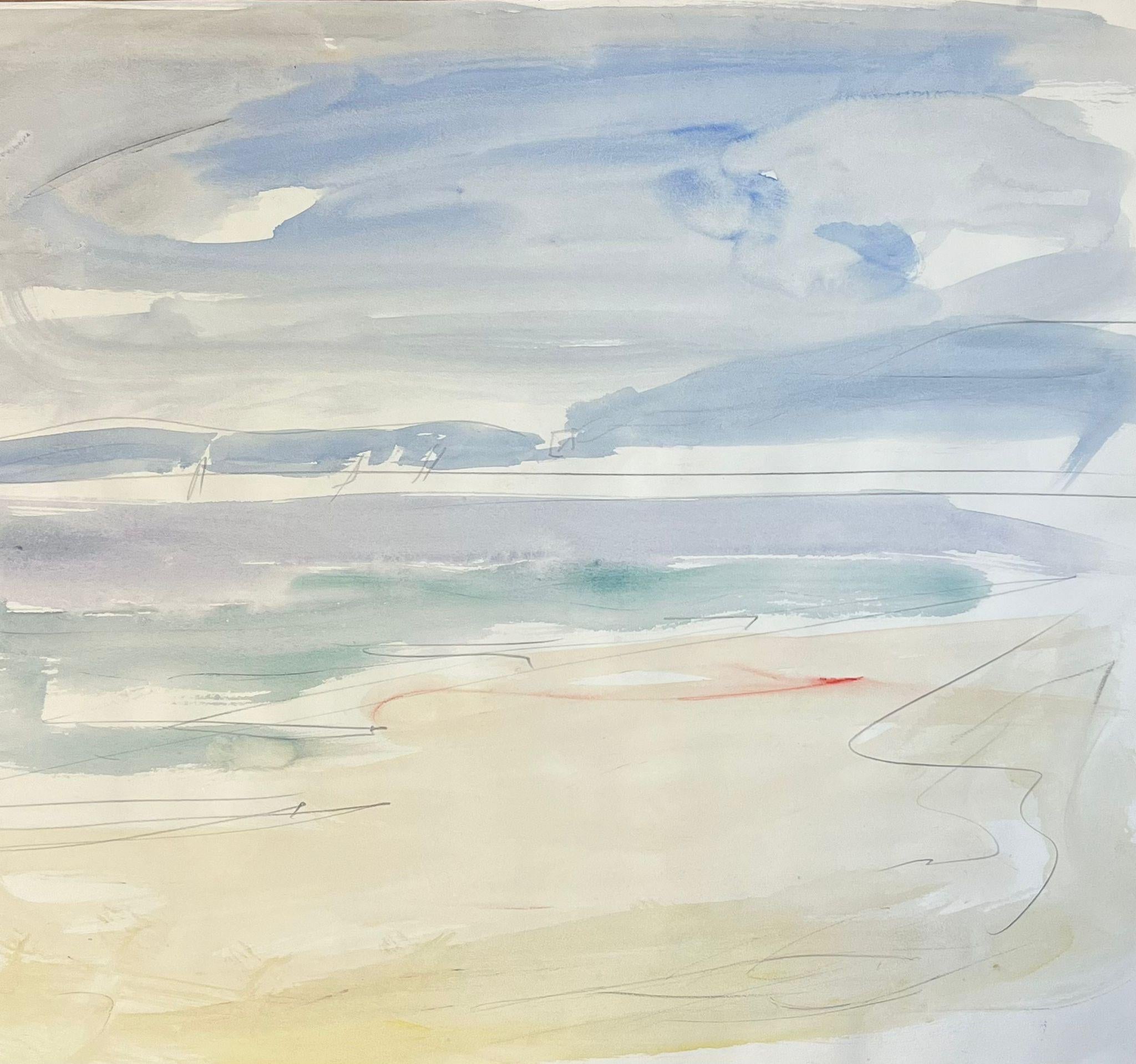 Paisaje costero minimalista en tonos suaves Acuarela abstracta - Landscape Painting Gris de Édouard Righetti (1924-2001)