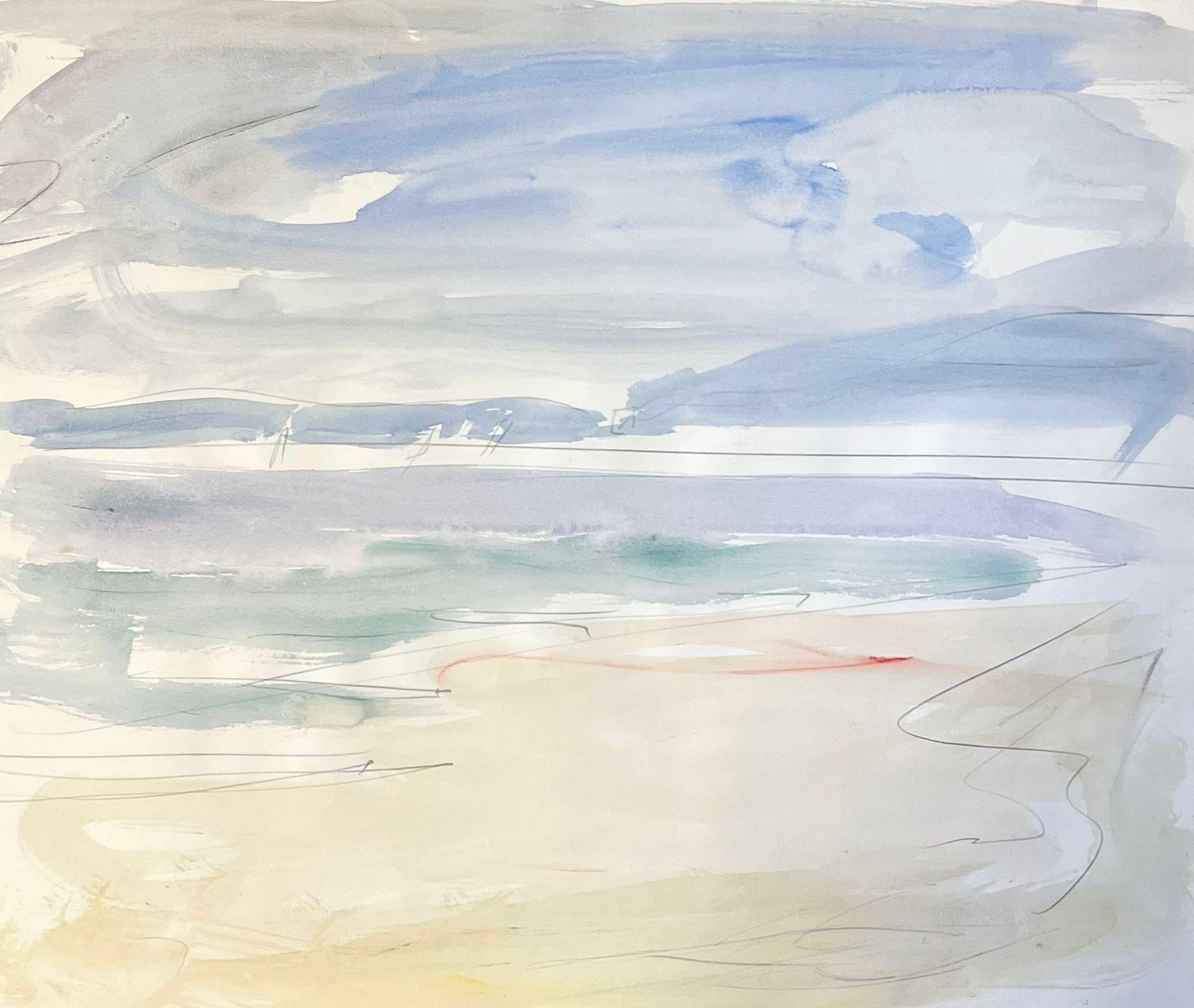 Landscape Painting de Édouard Righetti (1924-2001) - Paisaje costero minimalista en tonos suaves Acuarela abstracta