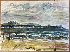 Moody Coastal Landscape with Rolling Waves and Overcast Sky Watercolour