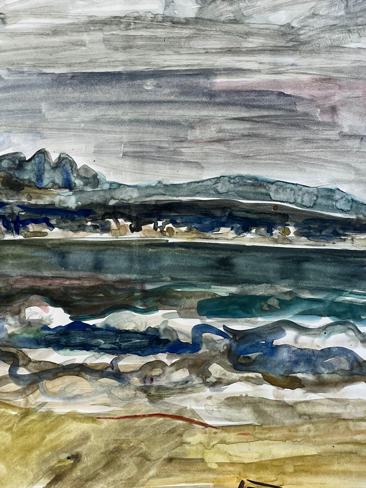 Moody Küstenlandschaft mit Rolling Waves und gegossenem Himmelsaquarell (Post-Impressionismus), Painting, von Édouard Righetti (1924-2001)