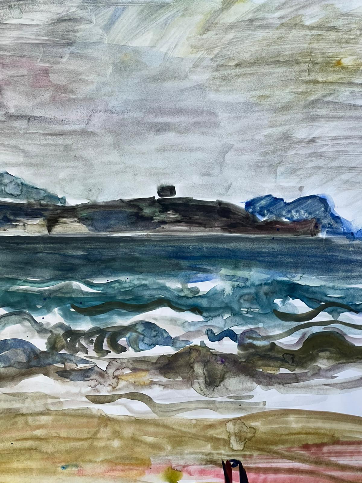 Moody Küstenlandschaft mit Rolling Waves und gegossenem Himmelsaquarell (Grau), Landscape Painting, von Édouard Righetti (1924-2001)