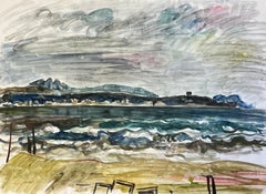 Moody Coastal Landscape with Rolling Waves and Overcast Sky Watercolour