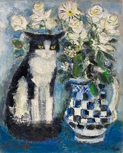 Original French 20th Century Post-Impressionist Oil - Cat and Flowers