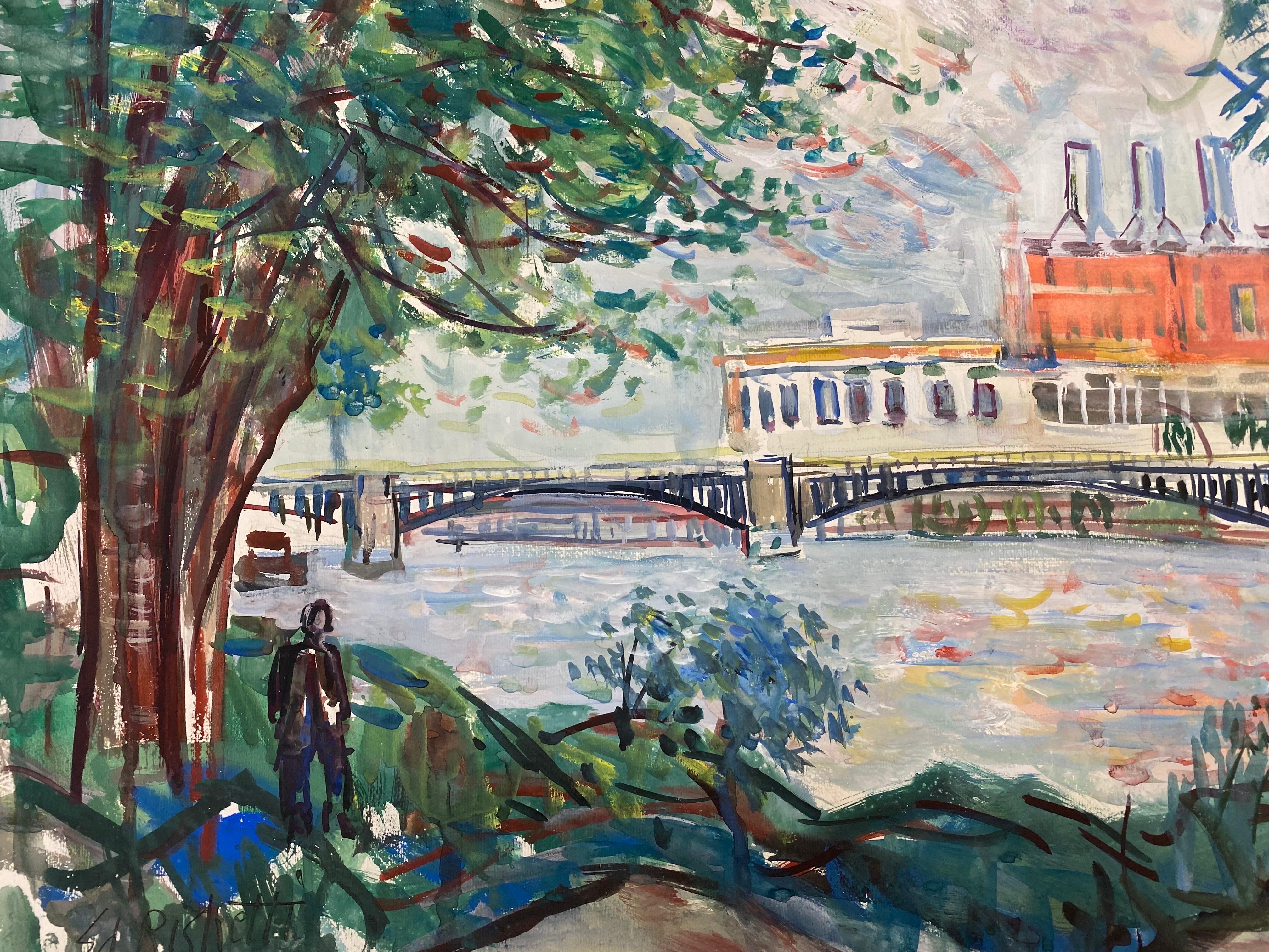 Paysage coloré français d'origine du milieu du siècle, pont français - Painting de Édouard Righetti (1924-2001)