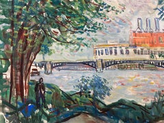 Original French Mid Century Colourful Landscape, French Bridge